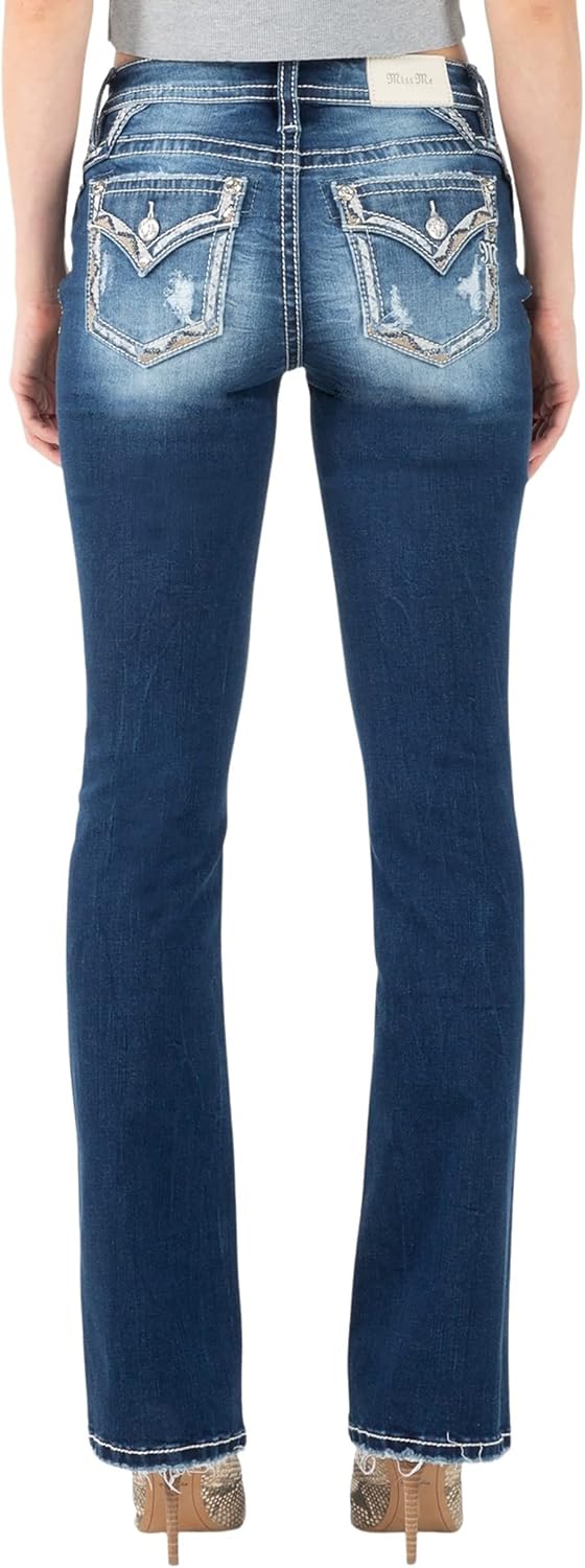 Miss Me Women's Mid-Rise Blue and Gold Bliss Embellished Boot Cut Jeans with Faux Flap Pockets