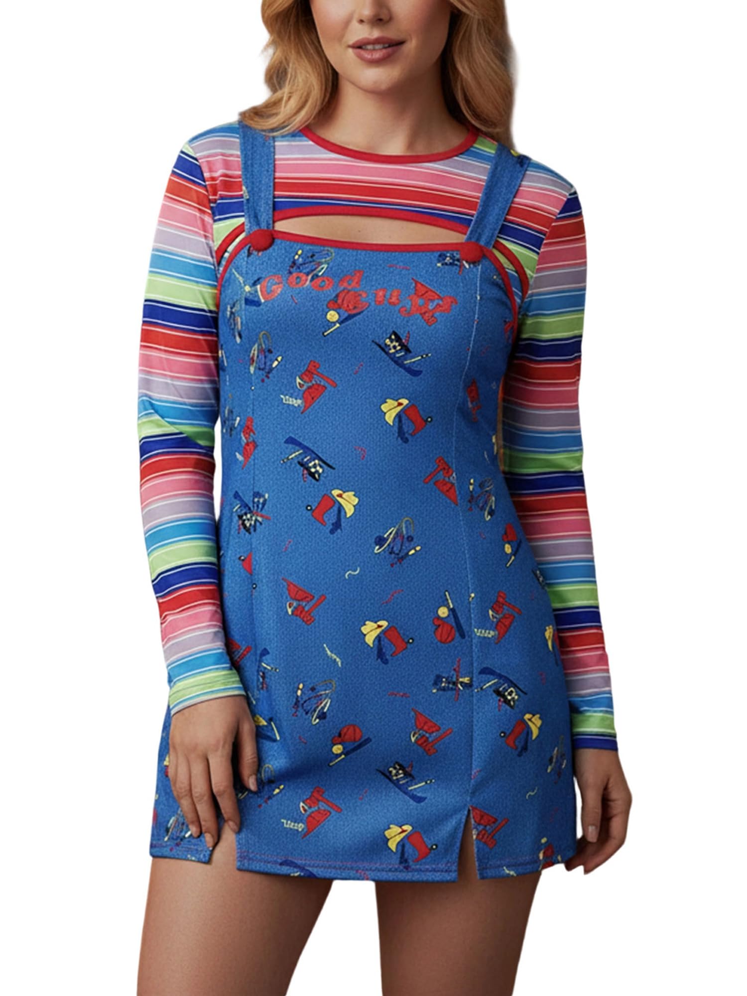 Anuedgis Women Halloween Chucky Costume Striped Crop Top & Suspender Skirt (B-Blue, XL) — image 1