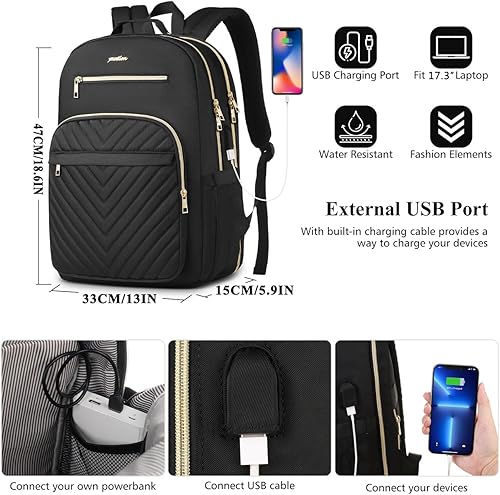 Miniatura 3 de YAMTION Mochila para laptop para mujer, mochila USB para negocios, trabajo, oficina, universidad, estudiantes, profesoras, color negro, 17.3 pulgadas
