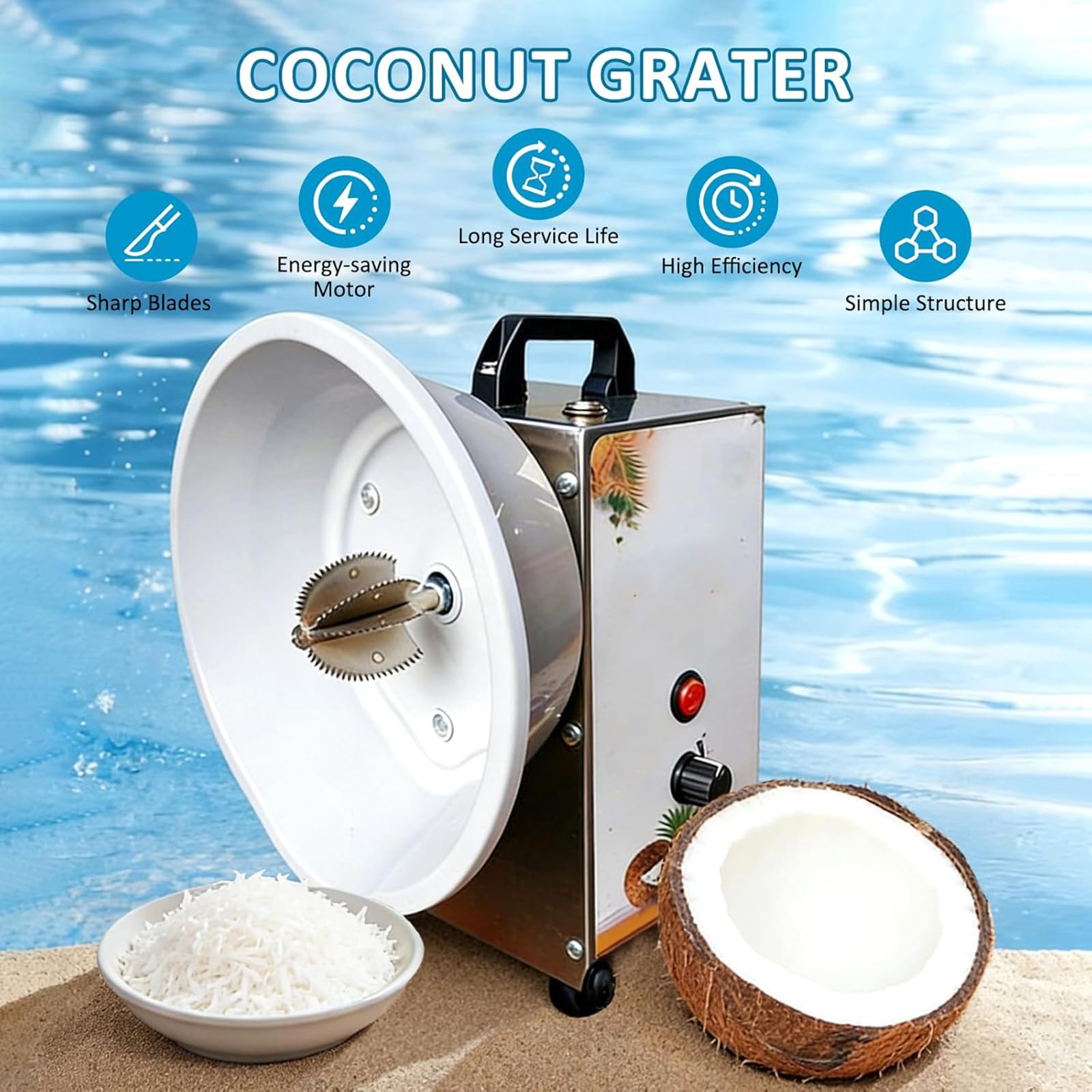 Grattugia verticale per cocco, trituratore elettrico in acciaio inox per fiocchi, velocità regolabile fino a 35 kg/h, con coperchio antipolvere e manico
