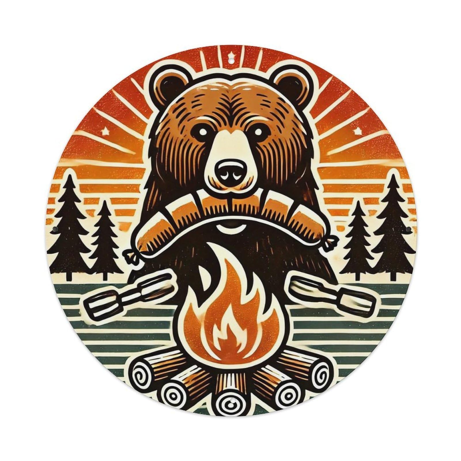 Bear Roasting Marshmallows Over Campfire Tin Sign Metal Poster Vintage Metal Signs for Home Man Cave Bar Cafe Kitchen laundry room Wall Decorations 8x8 inches