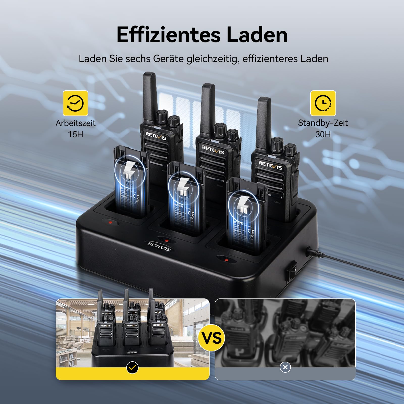 Retevis RT668 Talkie Walkie, avec Chargeur 6 Voies, Écouteurs, Talkie-walkie avec oreillette,1200 mAh, VOX, Robuste, Money Walkie pour Fabricant, Entrepôt, Sécurité (Noir, 6 Pièces)