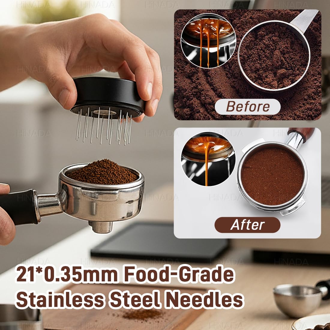 HiNADA Café Tamper 51mm, Distribuidor de Café 3-en-1 y Tamper con Herramienta WDT, Set de Distribución de Café Ajustable, Accesorios Profesionales Espresso para Portafiltros (51mm)