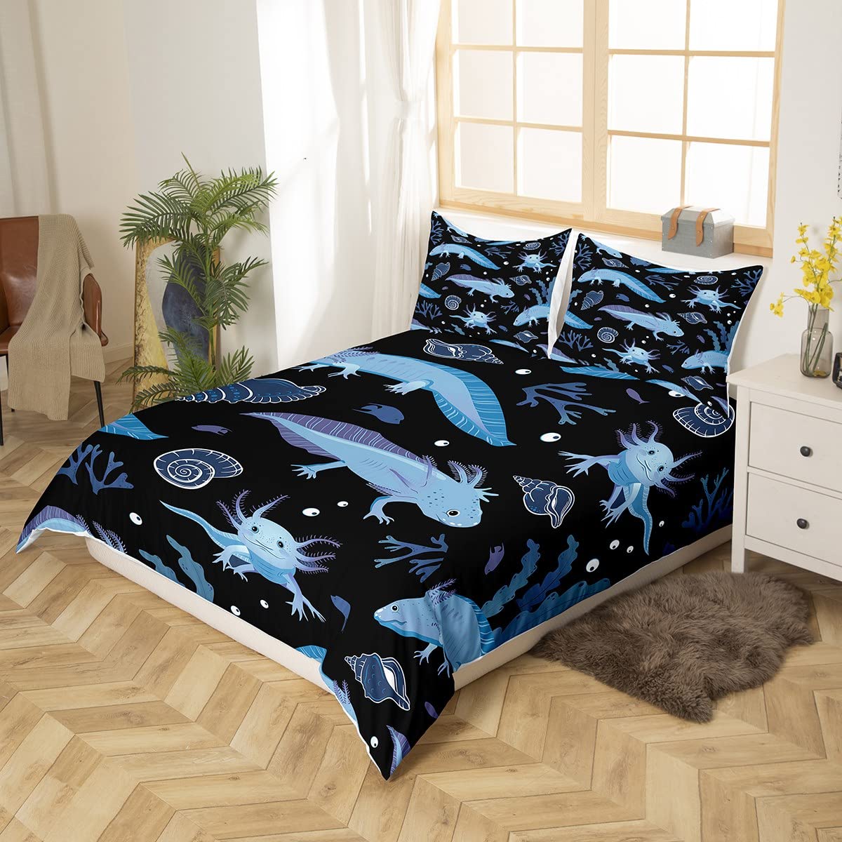 Feelyou Cartoon Axolotl Duvet Cover Kawaii Axolotl Comforter Cover 3D Animals Theme Bedding Set for Kids Adults Salamander Black Blue Bedspread Cover Ultra Soft Room Decor Quilt Cover 2Pcs Twin Size
