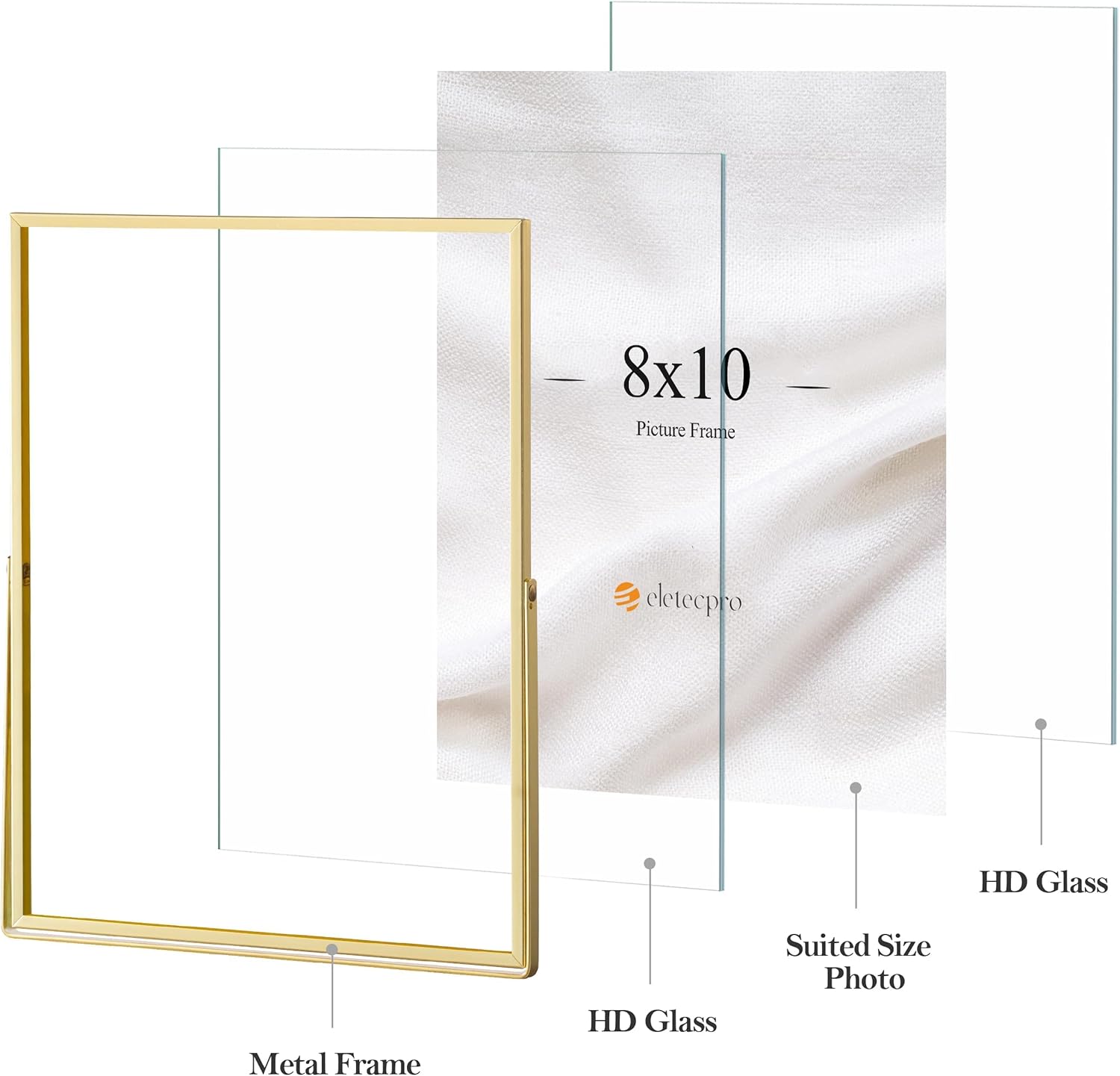 eletecpro 8x10 Metal Picture Frame Set of 2 with Real Glass Cover, Tabletop Display Photo for Multiple Size up to 8x10, Gold Floating Photo Frame for Wedding, Party, Home Decor, Vertical