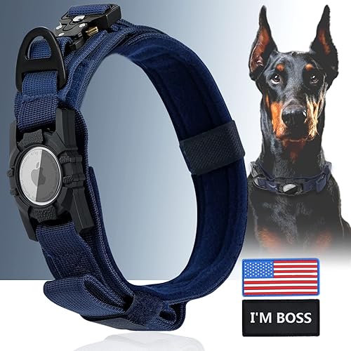 QPINKPET AirTag - Collar táctico para perros grandes y medianos, collar de perro con asa, collar militar resistente con hebilla de metal para perros
