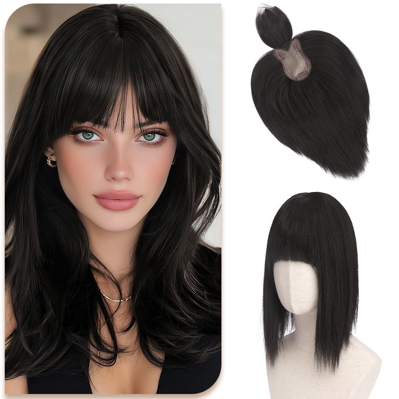Sofeiyan Topper de Cabello para mujer,30 cm Tapa de Cabello con clip con flequillo,62 g sintéticos Toppers postizos de pelo natural Adecuados para personas calvas,Negro Natural y Castaño Oscuro