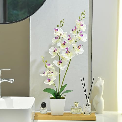 Miniatura 6 de YSZL Orquídea sintética en jarrón, orquídea artificial alta en jarrón de cerámica, orquídeas altas de seda con tallos de aspecto real en maceta,