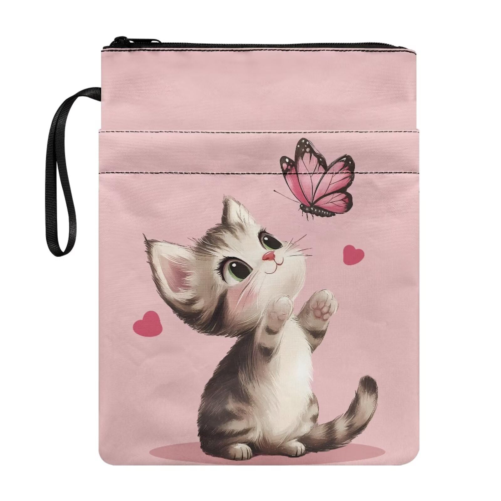 Butterfly Cat Book Sleeve Protector for Paperbacks, Large Capacity Zipper Closure Book Cover Case with Front Pockets, 22x29 cm Bookish Gift — image 1
