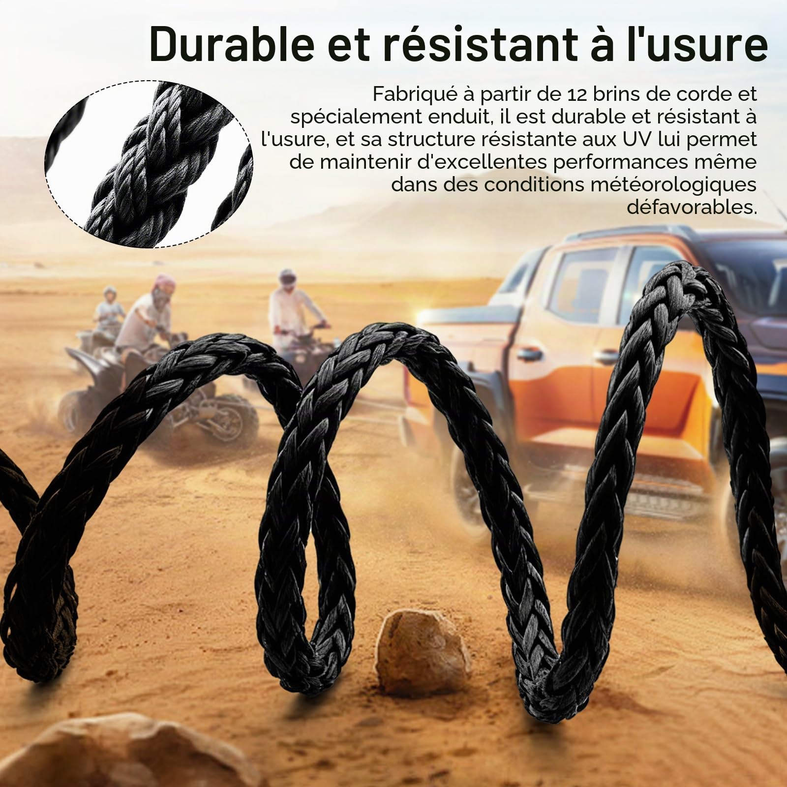 Corde de Remorquage pour Voiture, Corde de Treuil 15M Long 8MM Diamètre Cable Synthétique 12 Torons Câble en Plastique 13228 Livre Câble de Remorque avec Crochet Métallique pour SUV Camion UTV, Noir