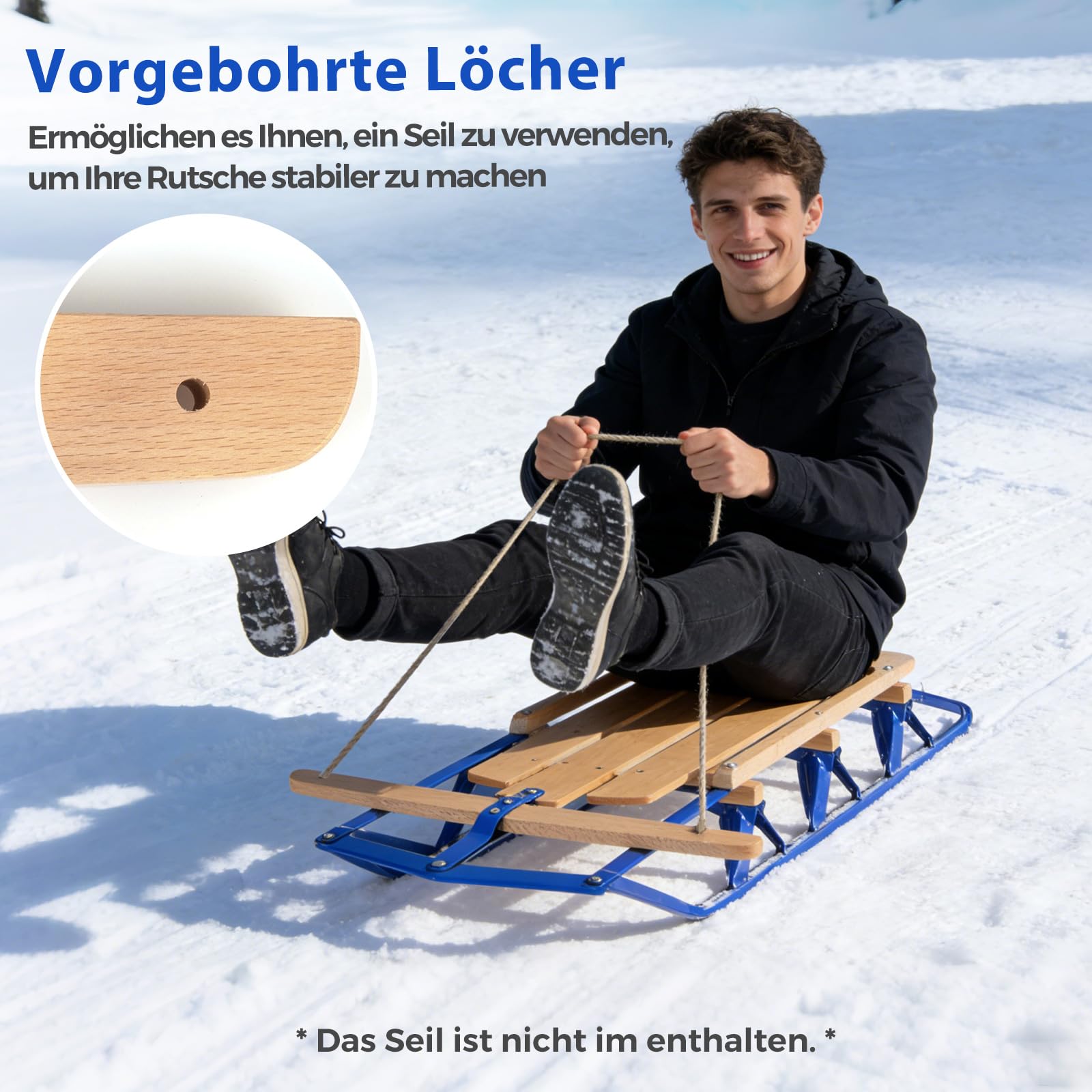 COSTWAY Schlitten, 137 cm Holzschlitten, Kinderschlitten aus Holz, Davoser Schneeschlitten für Kinder und Erwachsene