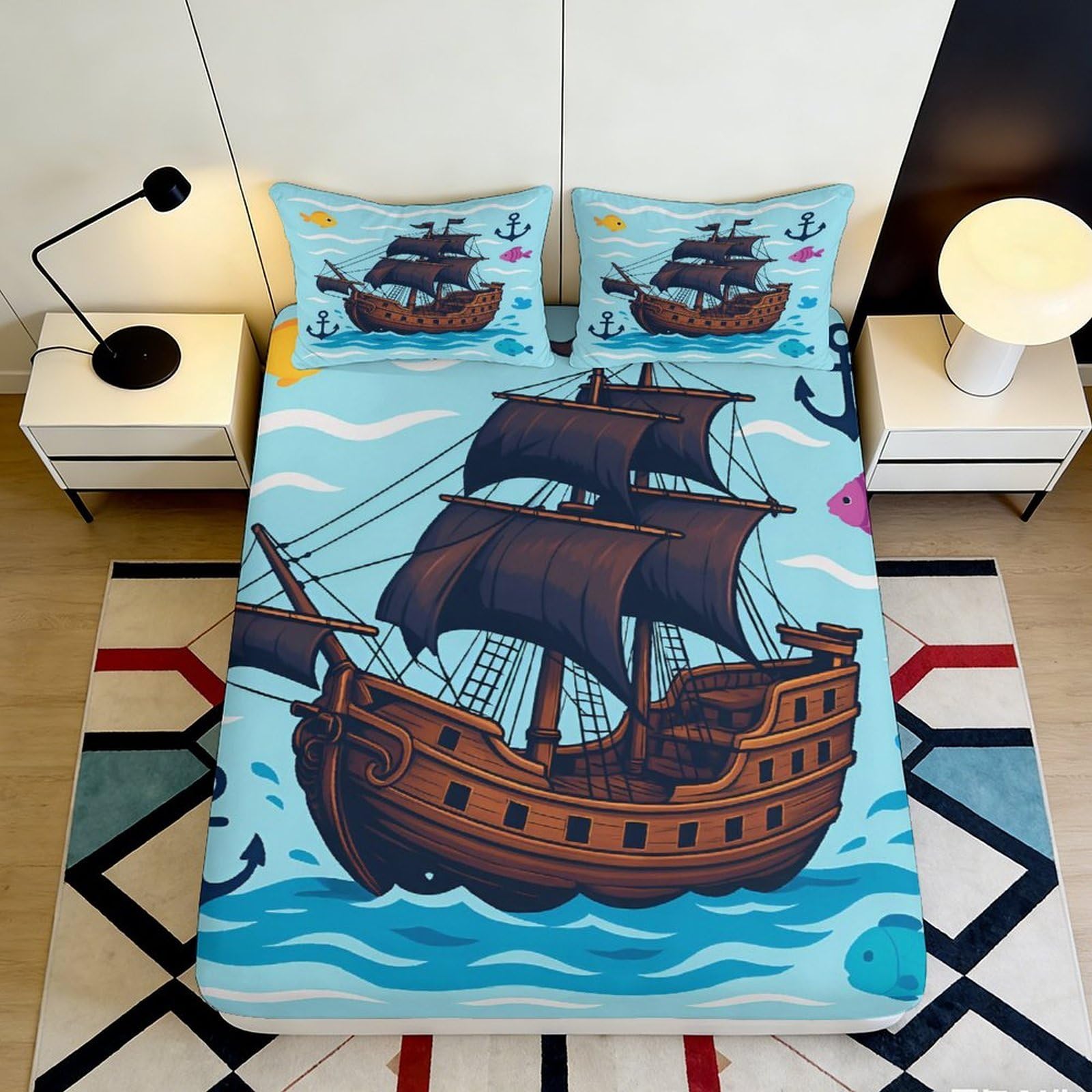 3D Printed Pirate Ship Fitted Sheet Microfiber Soft Blue Ocean Mattress Cover for Bedroom Guest Room Dorm Decor 200x200x25cm