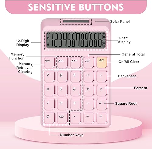 Miniatura 3 de Calculadora linda, calculadoras de escritorio, botones grandes de calculadora rosa, doble potencia solar y de batería, pantalla LCD grande de 12