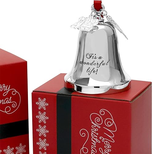 Miniatura 6 de JUPPE Golden It's A Wonderful Life Adorno de campana de Navidad, adorno de campana de trineo de Navidad grabada con ala de ángel y dije 2023
