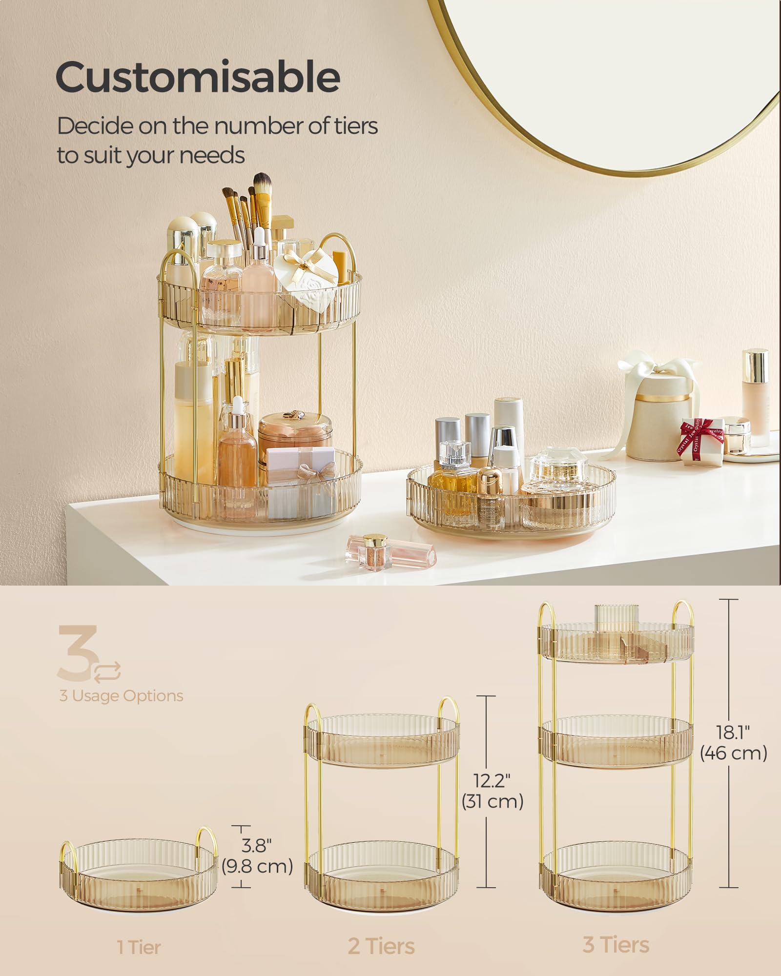 SONGMICS Makeup Organiser Rotating, 3-Tier Round Skincare Organiser, Customisable, Toiletries Cosmetics Organiser, Gift - Image 4
