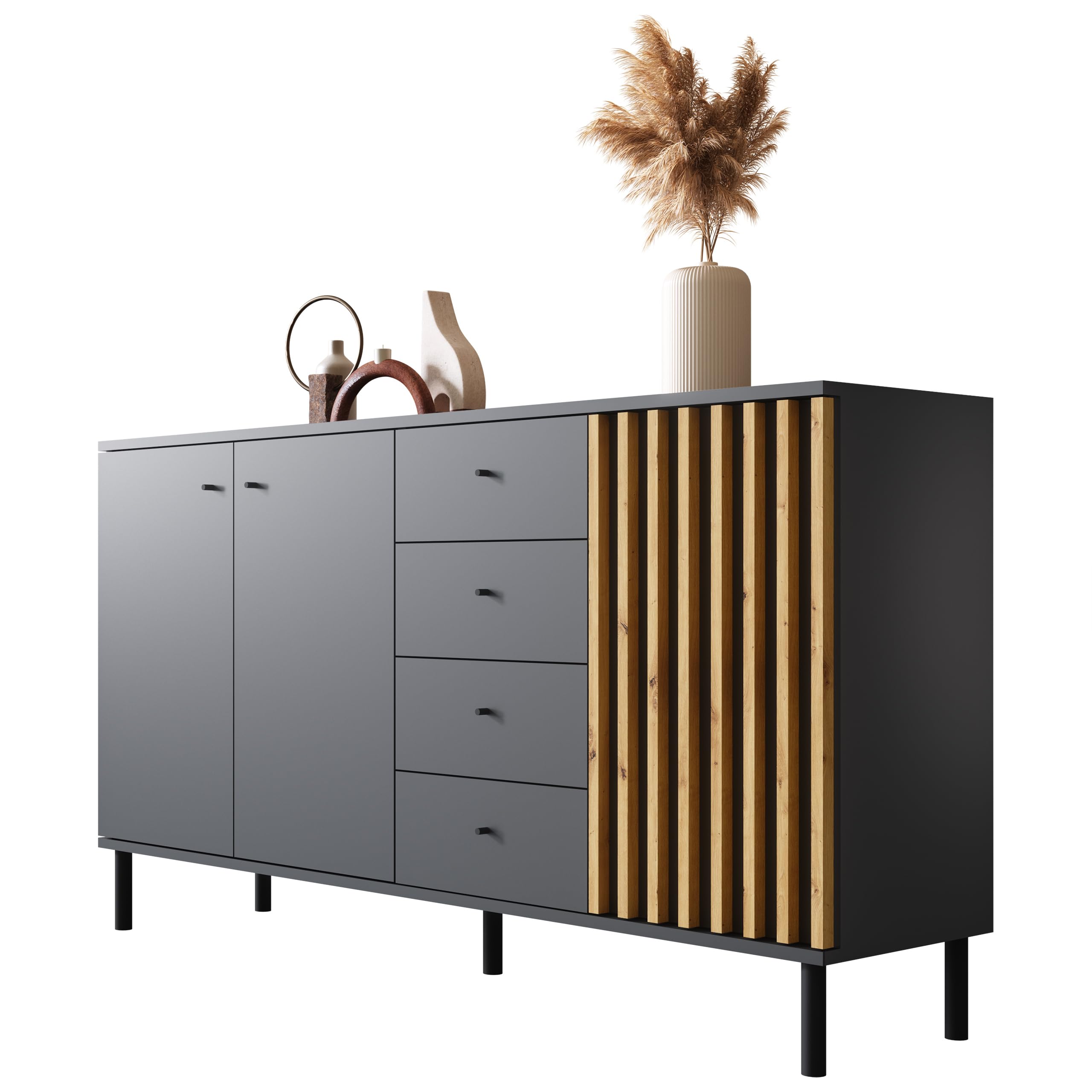 Newroom Sideboard Schwarz Wildeiche Kommode mit Türen Flur Wohnzimmer