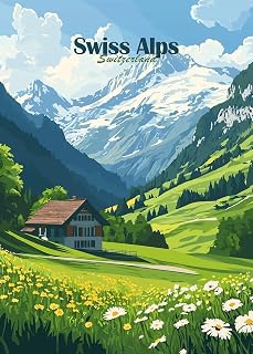 Swiss Alps Mountain Landscape Poster Metal Tin Sign, 8x12 Inch – Alpine Wall Decor for Cabin Office Deco
