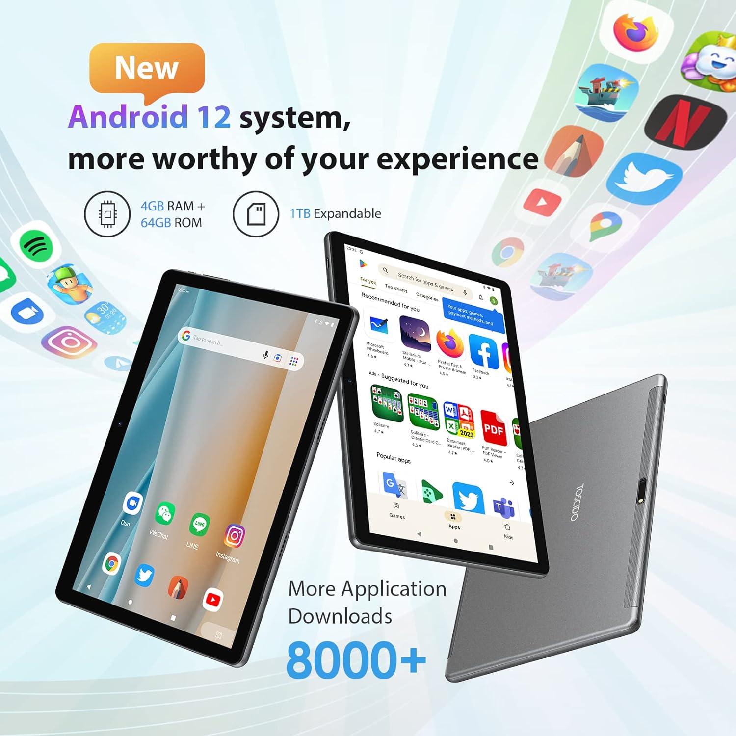 TOSCIDO Tablet 10 Pollici Android 12 4G LTE: con SIM, Octa-Core 2GHz, 4GB RAM+64GB ROM (TF 1TB) ,GPS,Bluetooth 5.0,WIFI Tastiera+Mouse+Custodia+Penna+Cuffie -Grigio TOSCIDO Tablet 10 Pollici Android 12 4G LTE: con SIM, Octa-Core 2GHz, 4GB RAM+64GB ROM (TF 1TB) ,GPS,Bluetooth 5.0,WIFI Tastiera+Mouse+Custodia+Penna+Cuffie -Grigio