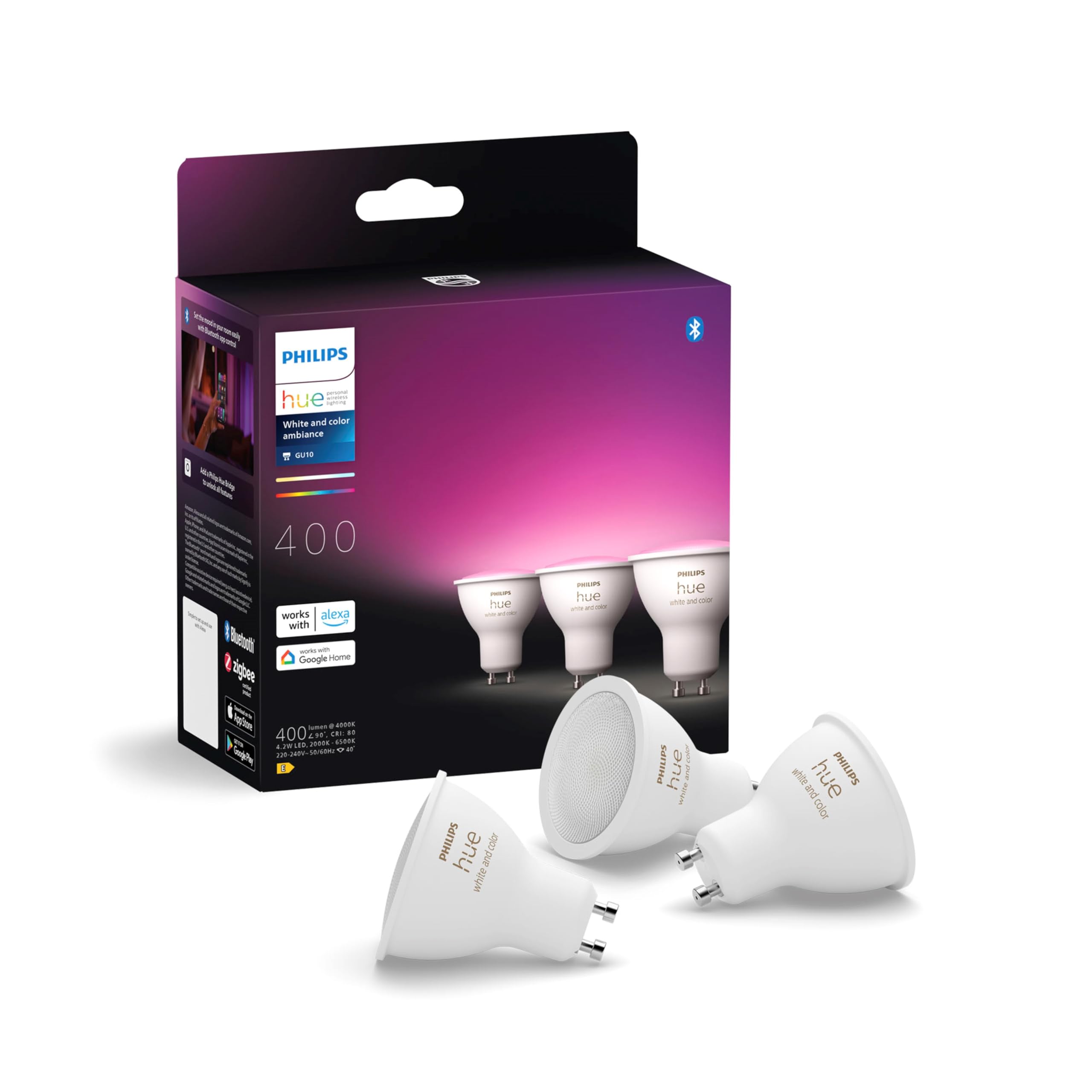 Philips Hue Philips Hue White and Color Ambiance Ampoule LED connectée Pack de 3, culot GU10, 400 lumens, Compatible Bluetooth. Fonctionne avec Alexa, Google Assistant et Apple HomeKit