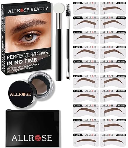 ALLROSE Kit de sellos de cejas y plantillas para cejas, kit de estampado de cejas para cejas perfectas y tupidas, 20 plantillas de cejas, kit de