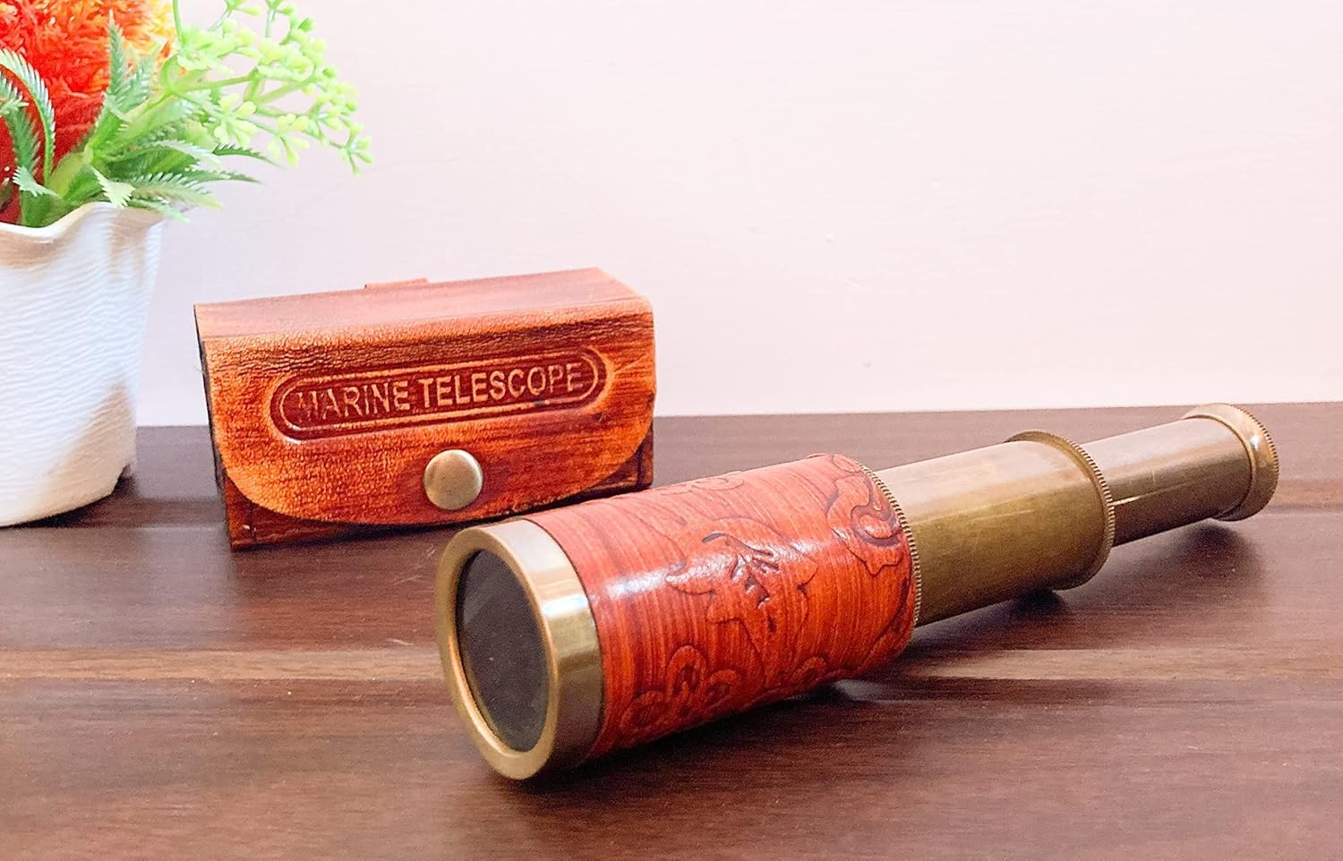 nauticalshoppee 6" Handheld Brass Telescope with Leather Case – Pirate Navigation Pocket Spyglass – Nautical Collectible & Gift for Travelers and Outdoor Enthusiasts