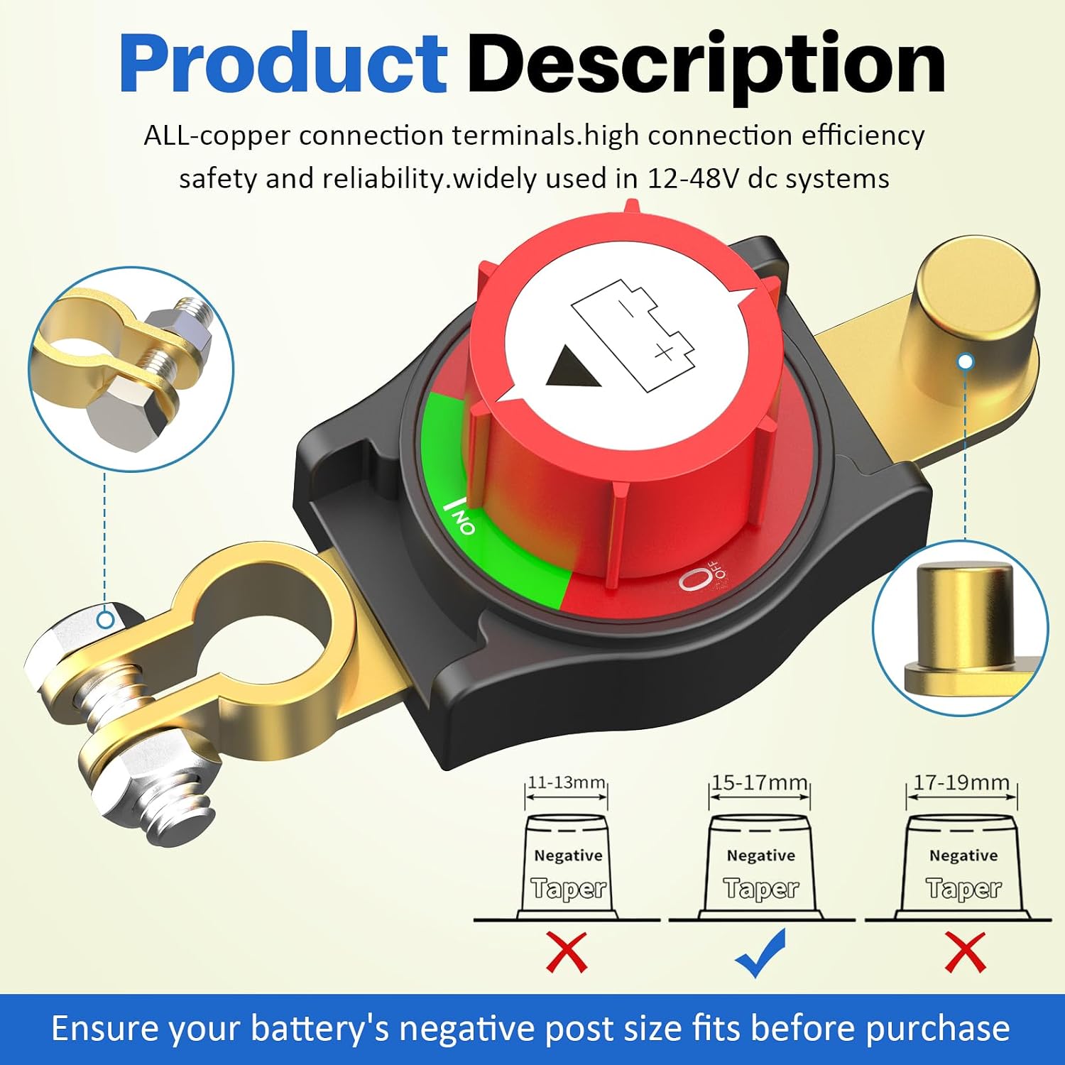 Top Post Battery Disconnect Switch, Negative Terminal ON/Off Switch for Automotive, RV & Marine Applications