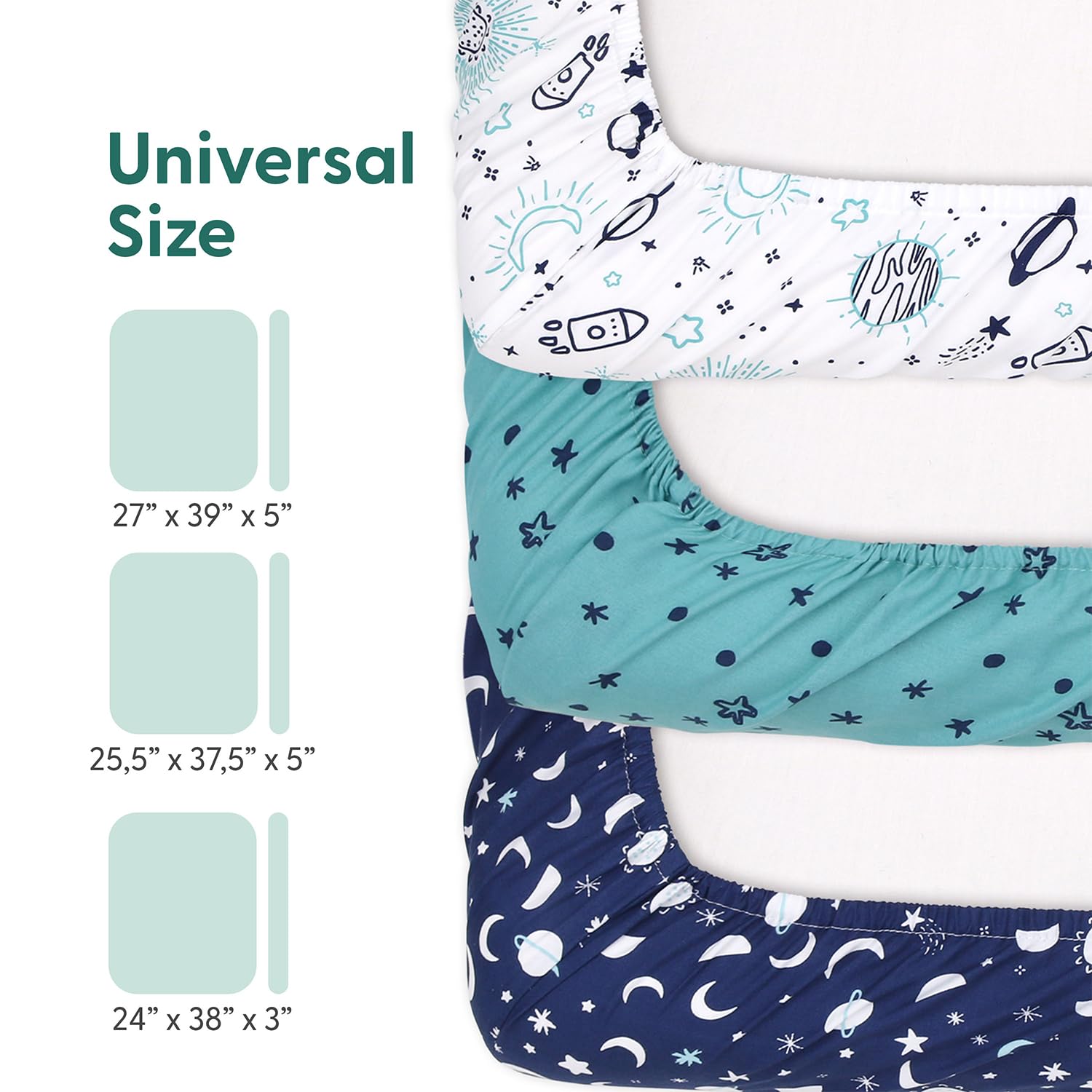 The Peanutshell Pack n Play - Sábanas bajeras para cuna pequeña, sábanas para corralito, ropa de cama portátil para cuna para niños o niñas, espacio celestial, paquete de 3