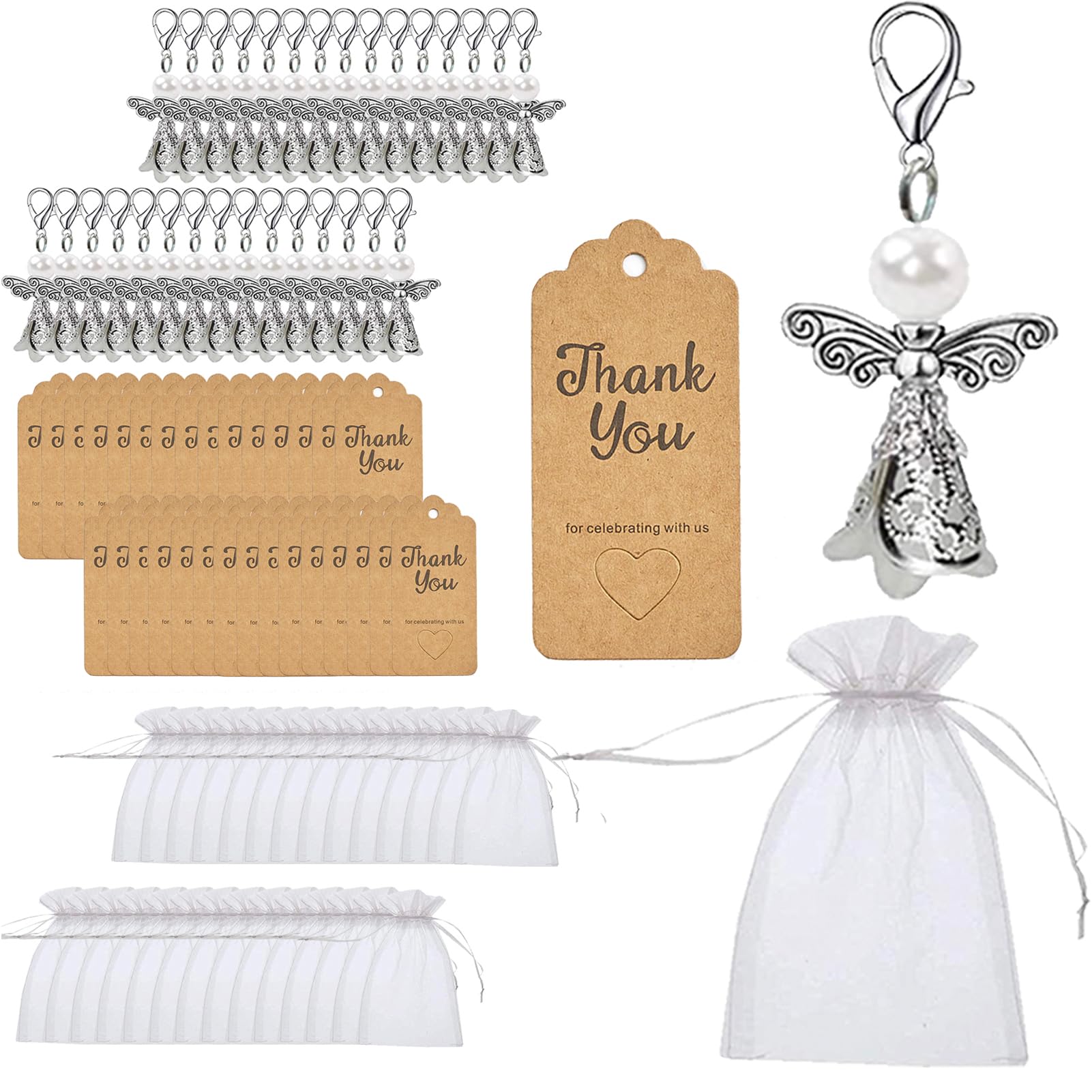 ToBeIT 30Set Angel Keychain with Angel Wings Shape Pendant Thank You Tag Drawstring Organza Bag for Wedding Gifts(A-White)