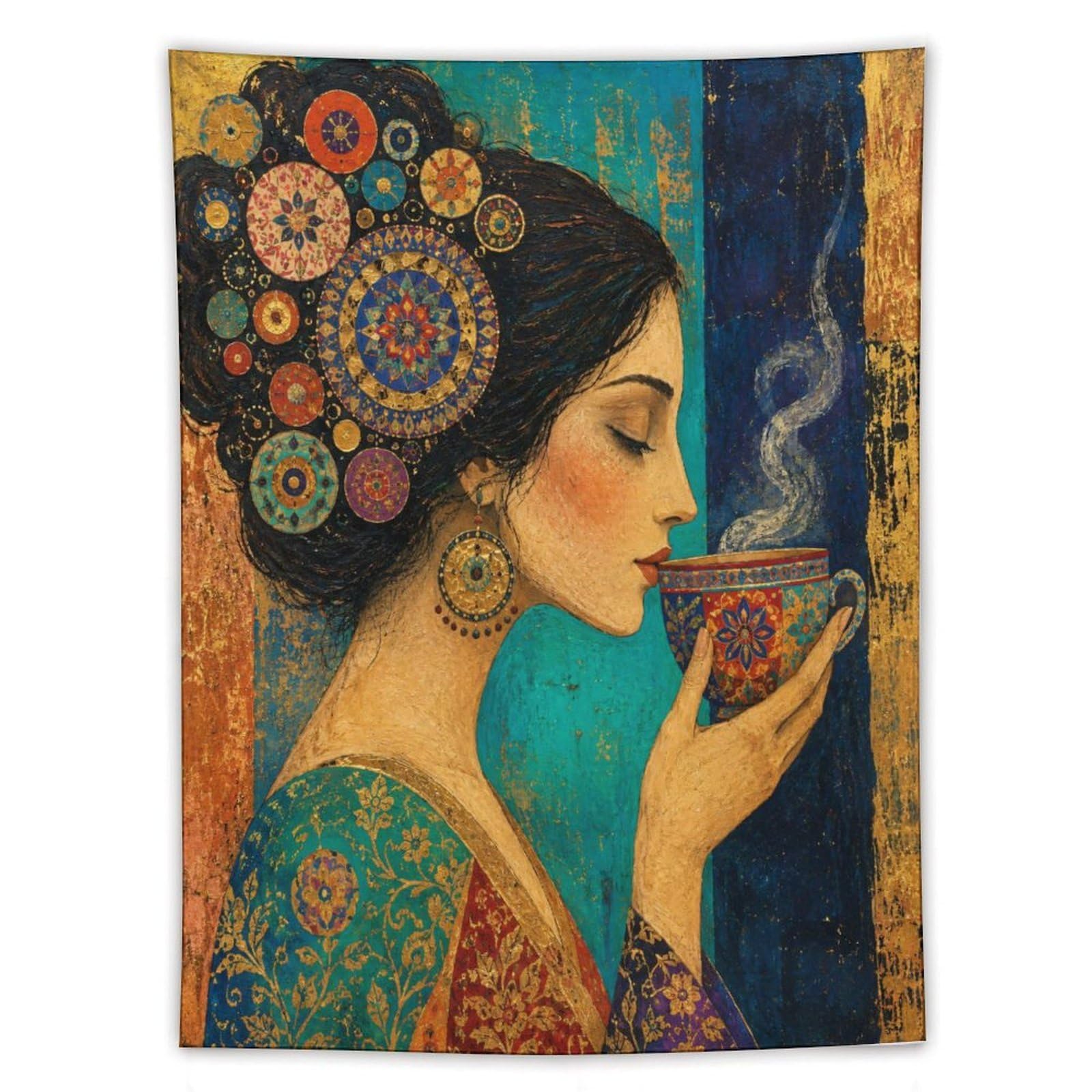 W7C8U2X3 Woman with Floral Hair Wall Tapestry, Art Nouveau, Teacup Steam