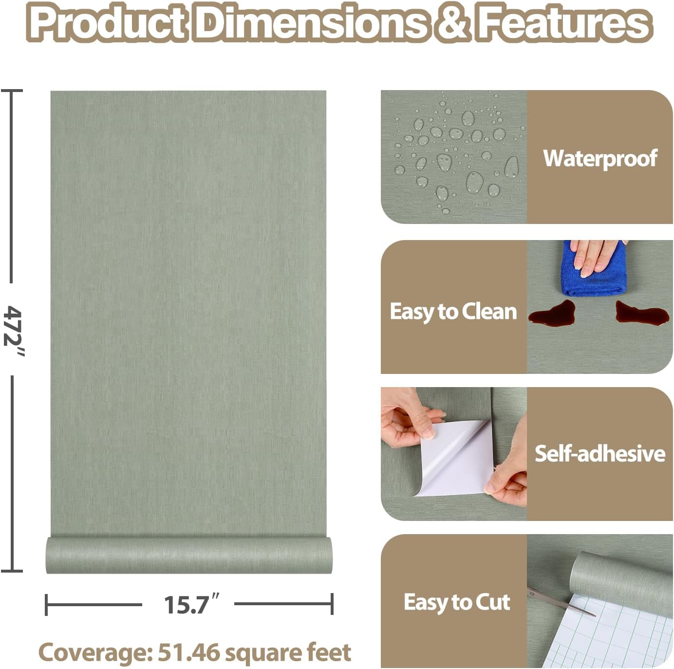 Sage Green Grasscloth Wallpaper Textured Woven Peel and Stick Wallpaper 15.7"x472" Removable Faux Grass Cloth Contact Paper for Cabinets Waterproof Linen Vinyl Green Wallpaper for Bathroom