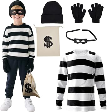 5PCS Kids Robber Costume Set,Bank Burglar Outfit for Halloween | Striped Burglar Shirt and Accessories for Boys and Girls Halloween, Cosplay, and Role-Play Events