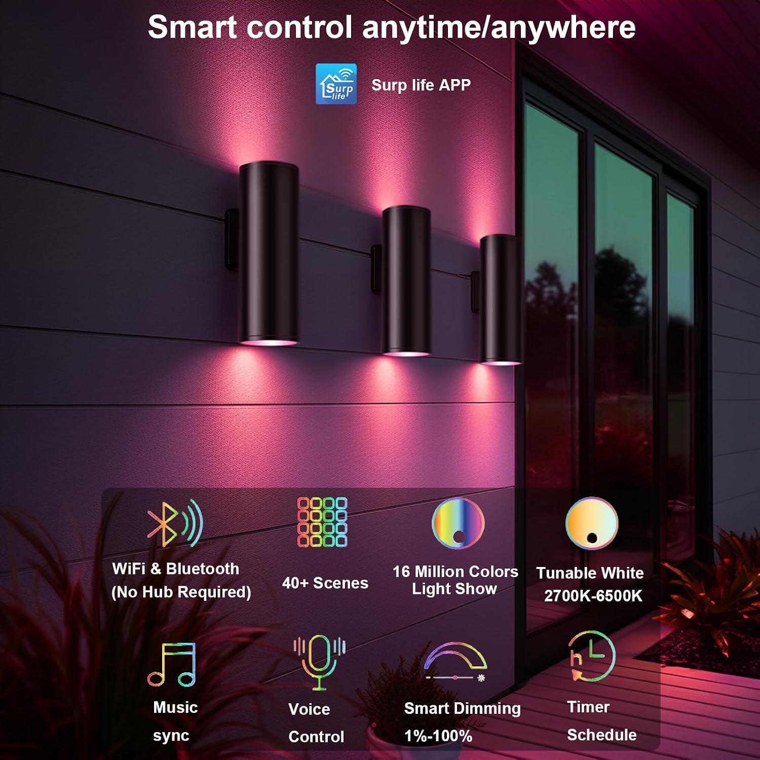 iYogaled Smart Outdoor Wall Lights, Remote Control RGB Color Changing RGBCCT Exterior Lighting - 4 Light Bulbs A19 Included, Smart Wall Lights for House, Porch and Garage [ETL Listed] (2 Pack)