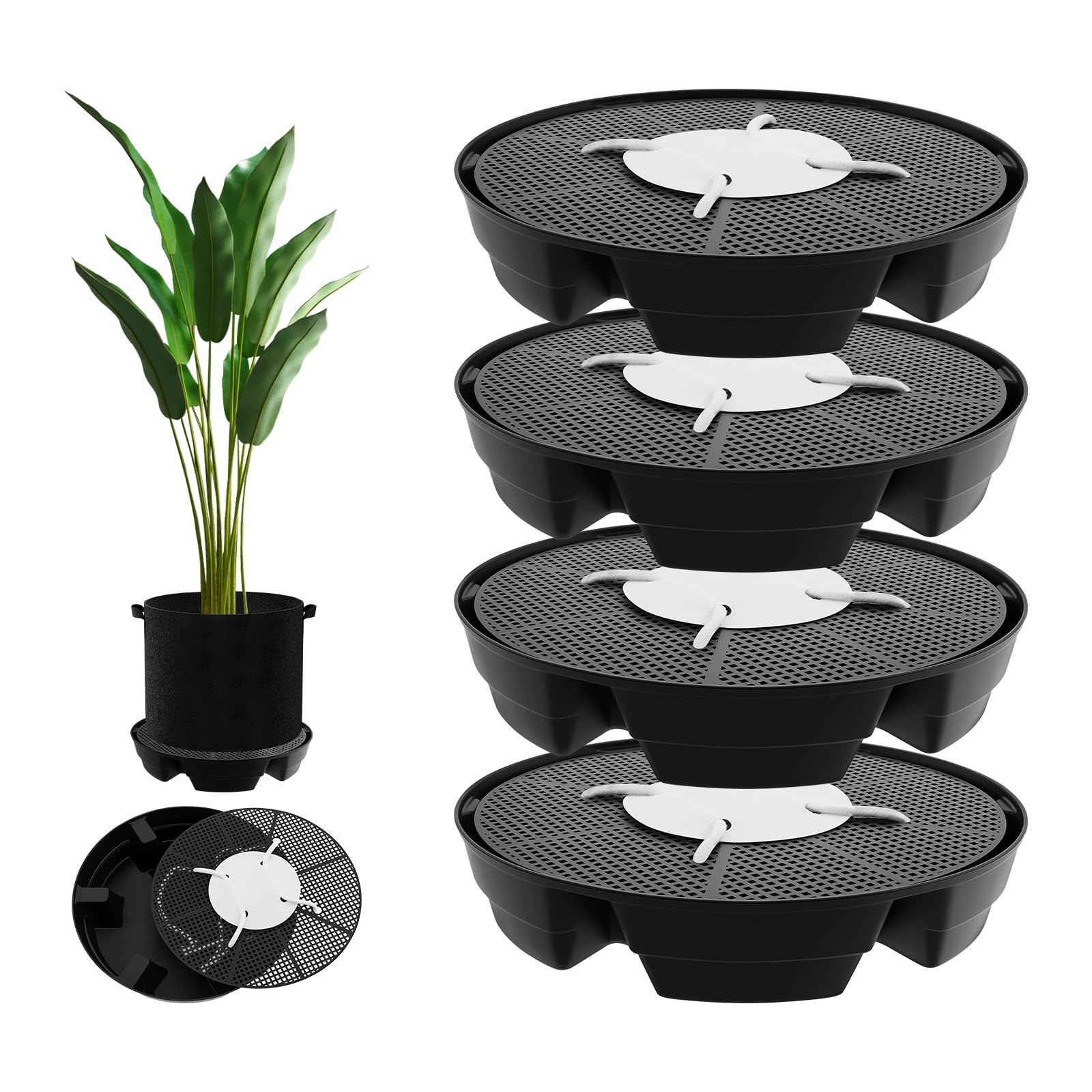 Eyoulife 4 Pcs Self Watering Plant Saucers for Indoors, 2.8L Large Flower Pot Drip Trays, Auto Watering System Fabric Pot Base, PP Flower Pot Saucers for Greenhouse Grow Tents Grow Bags