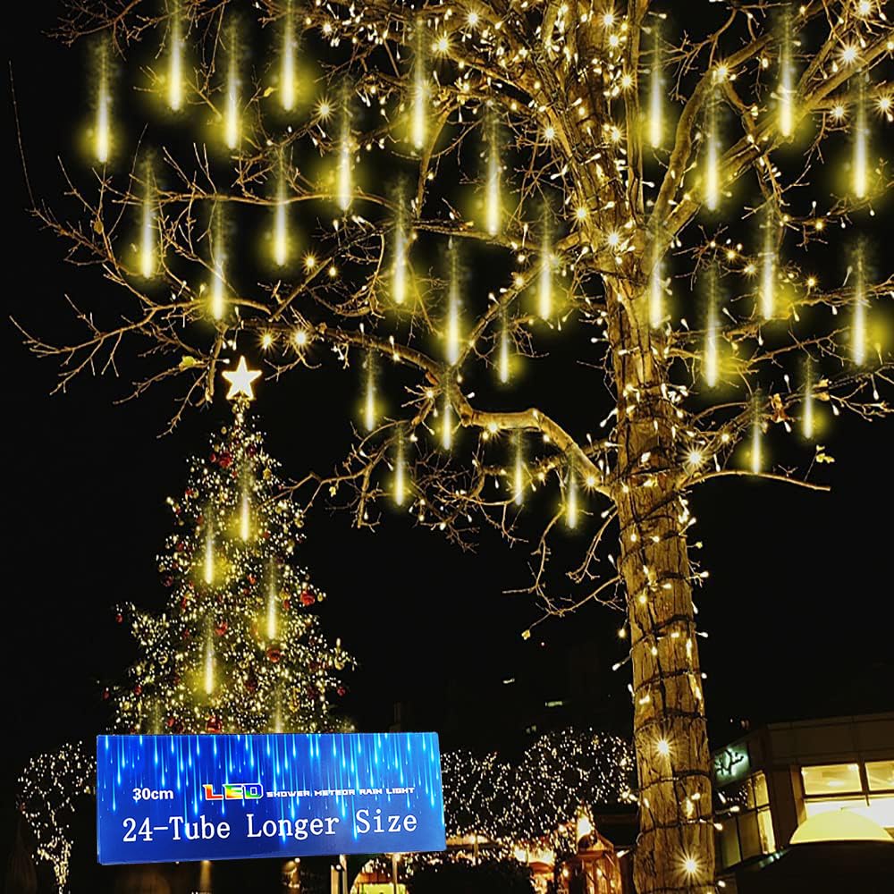 Kwaiffeo Warm White Christmas Lights Outdoor, 24 Tubes(Equivalent to 3 Sets of 8-Tube) LED Meteor Shower Lights for Xmas Wedding Party Decorations, Warm White Fairy Icicle Light for Yard Outside