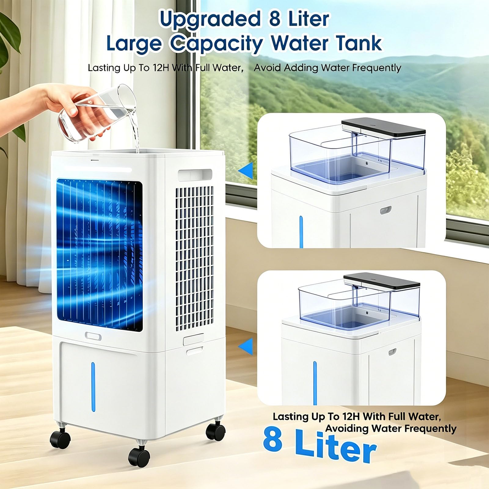 Portable Air Conditioning Raffrescatore Evaporativo, 25L Purificatore d'Aria, Raffrescamento, Ventilazione, Facilità di Trasporto 4 ruote, 3 velocità | Raffrescatore d'aria e umidificatore