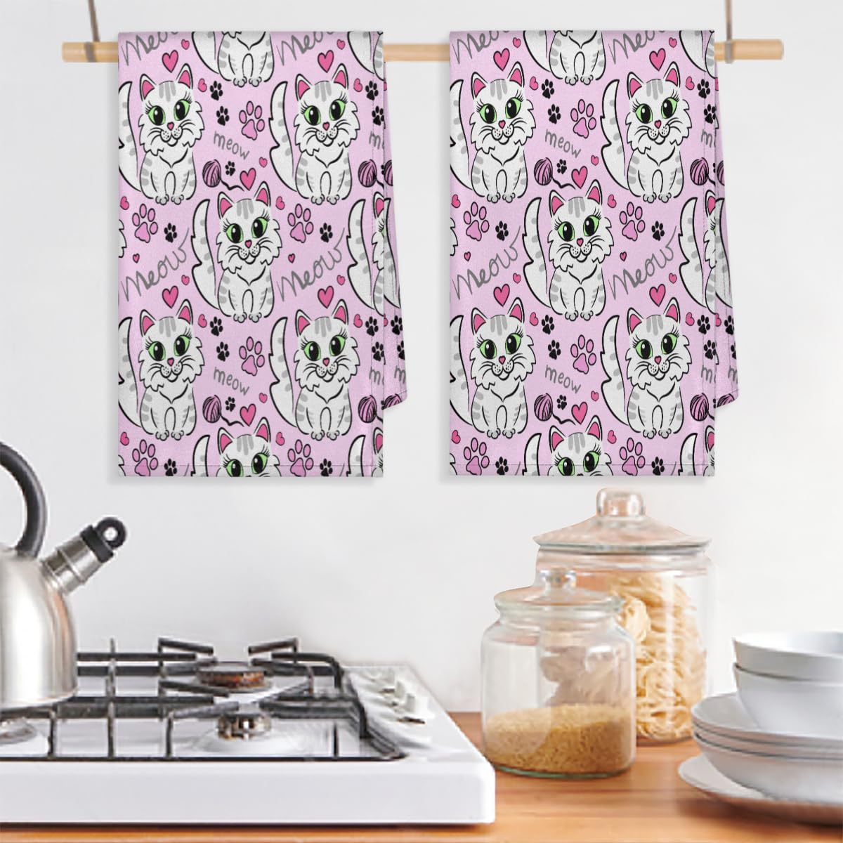 Set di 2 strofinacci da cucina con gattini e gatti, morbidi e assorbenti, per casa, cucina, ristorazione, ristorante, 45 x 72 cm