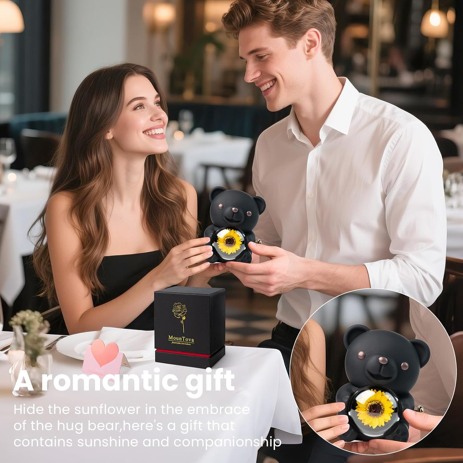 Gifts for Women Birthday Valentines Day, Lucky Sunflower Bear with Necklace & Gift Box for Mom Daughter Sister, Anniversary Wedding Gift for Wife Girlfriend, Surprise Jewelry Box, Black - Image 6