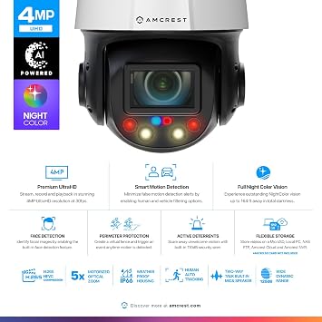 Amcrest 4MP Outdoor PTZ POE + AI IP Camera Pan Tilt Zoom (Optical 5X Motorized) Security Speed Dome, Human and Vehicle Detection, IVS, Face Detection, Auto Tracking, POE+ (802.3at) IP4M-1098EW-AI
