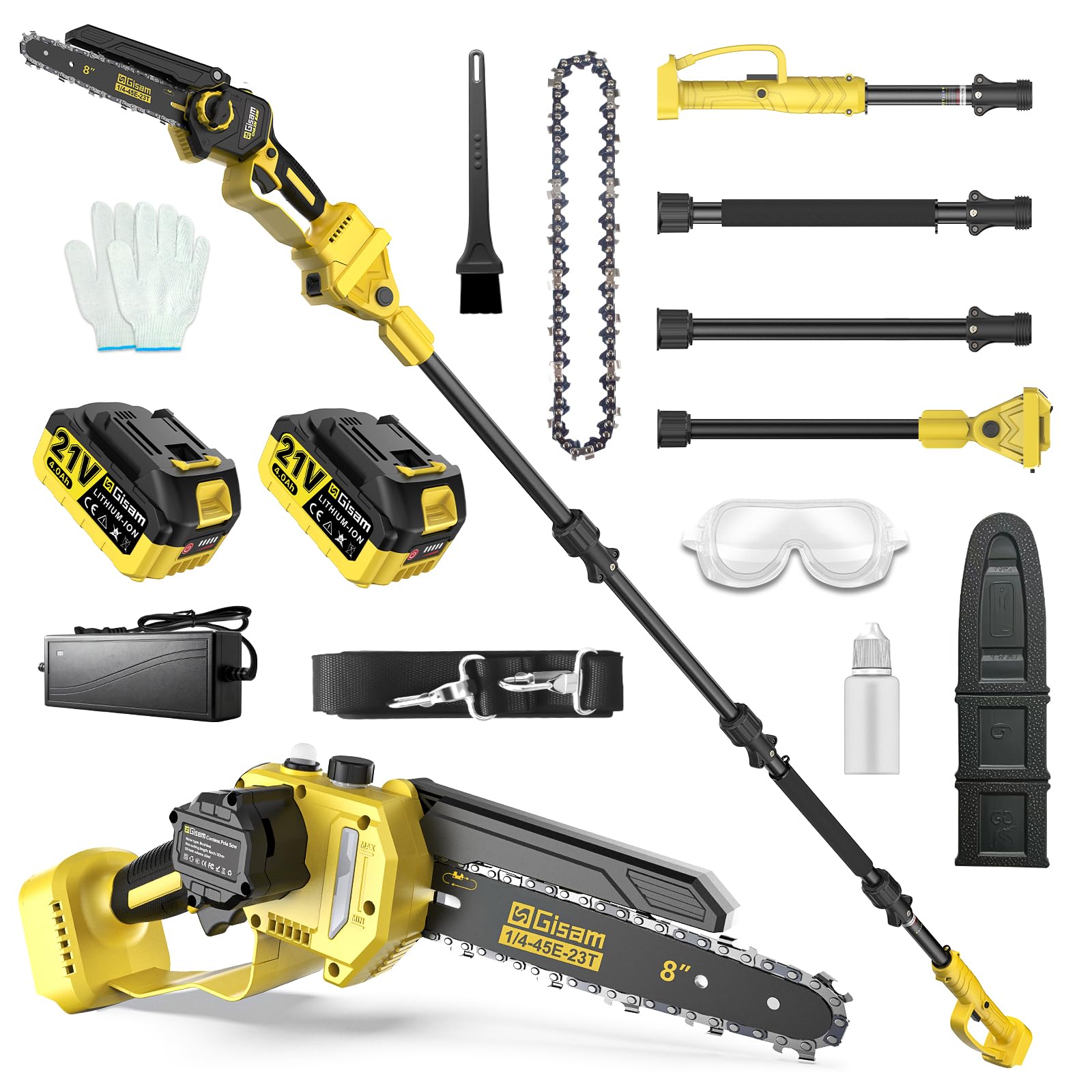 2-en-1 8 Pouces Elagueuse sur Perche, Mini Tronçonneuse Brushless avec 2 x 4,0 Ah Batteries, Coupe Branche Telescopique, Portée 4,2 M pour Branches et jardinage