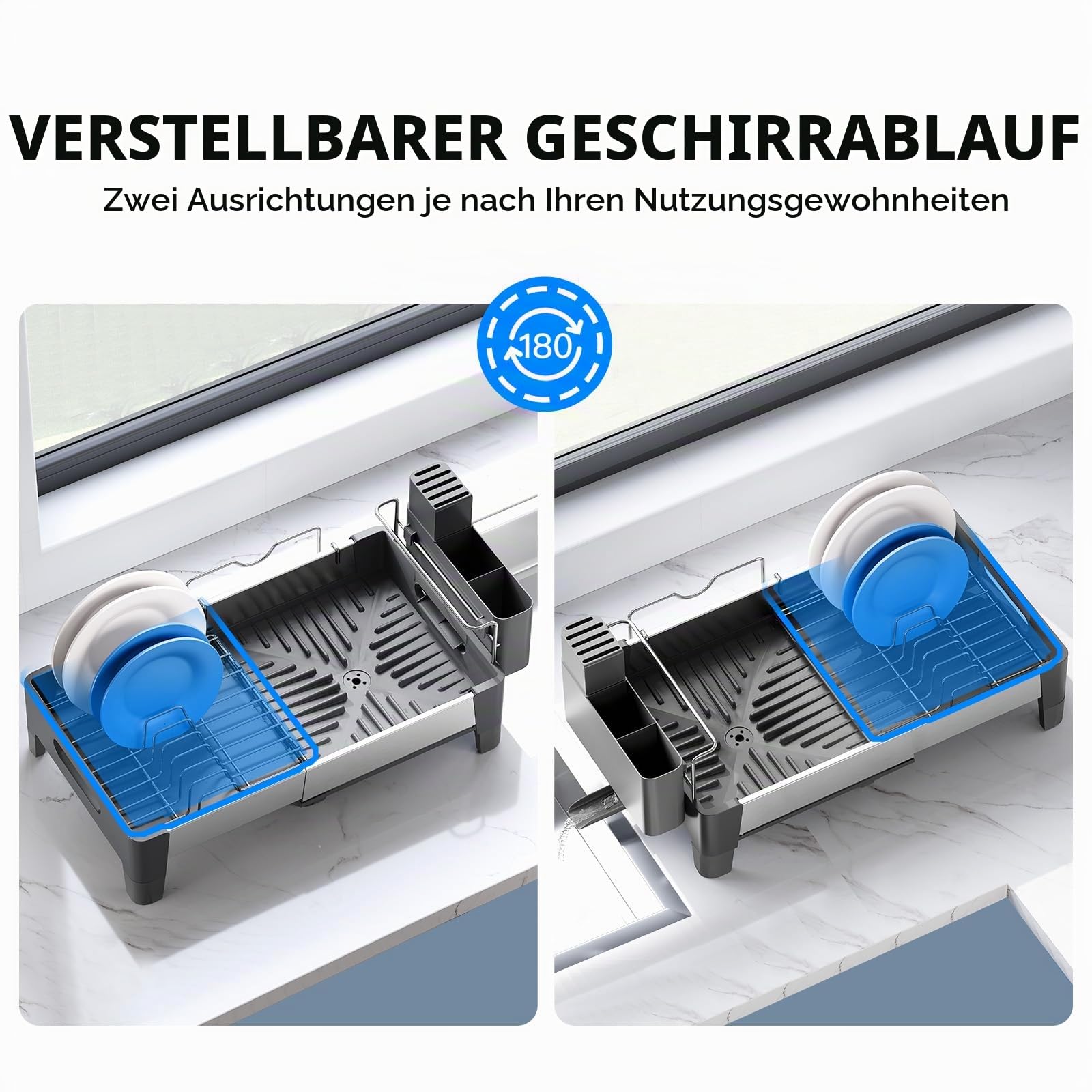 Urackify Abtropfgestell, Grau | Erweiterbar, Edelstahl mit Aluminiumrahmen, Platzsparender Dish Rack mit Utensilienhalter