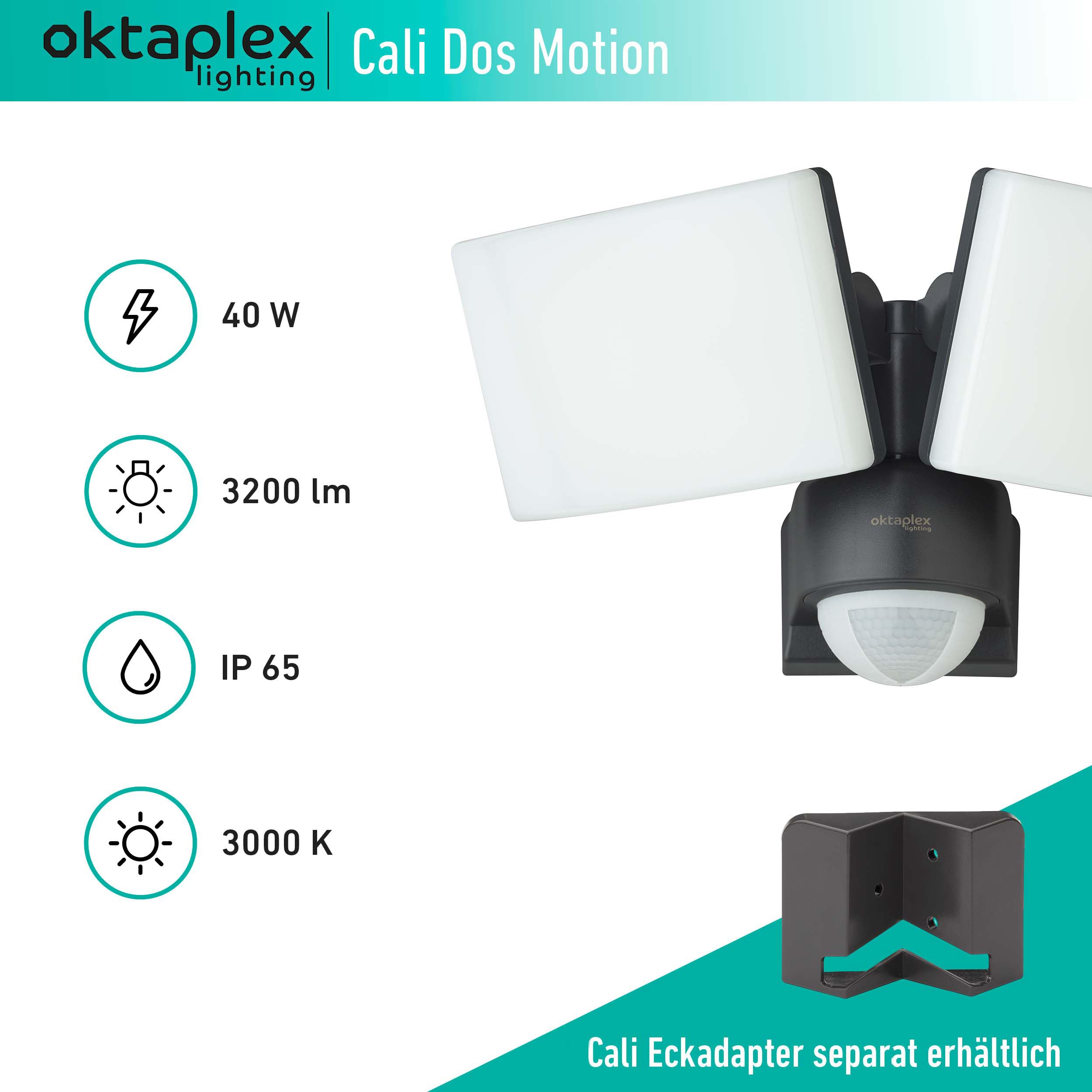 Oktaplex LED Strahler mit Bewegungsmelder Außen Cali Dos Motion | IP65, zwei Köpfe, 40W, 3000K warmweiß, Außenstrahler anthrazit Master Funktion