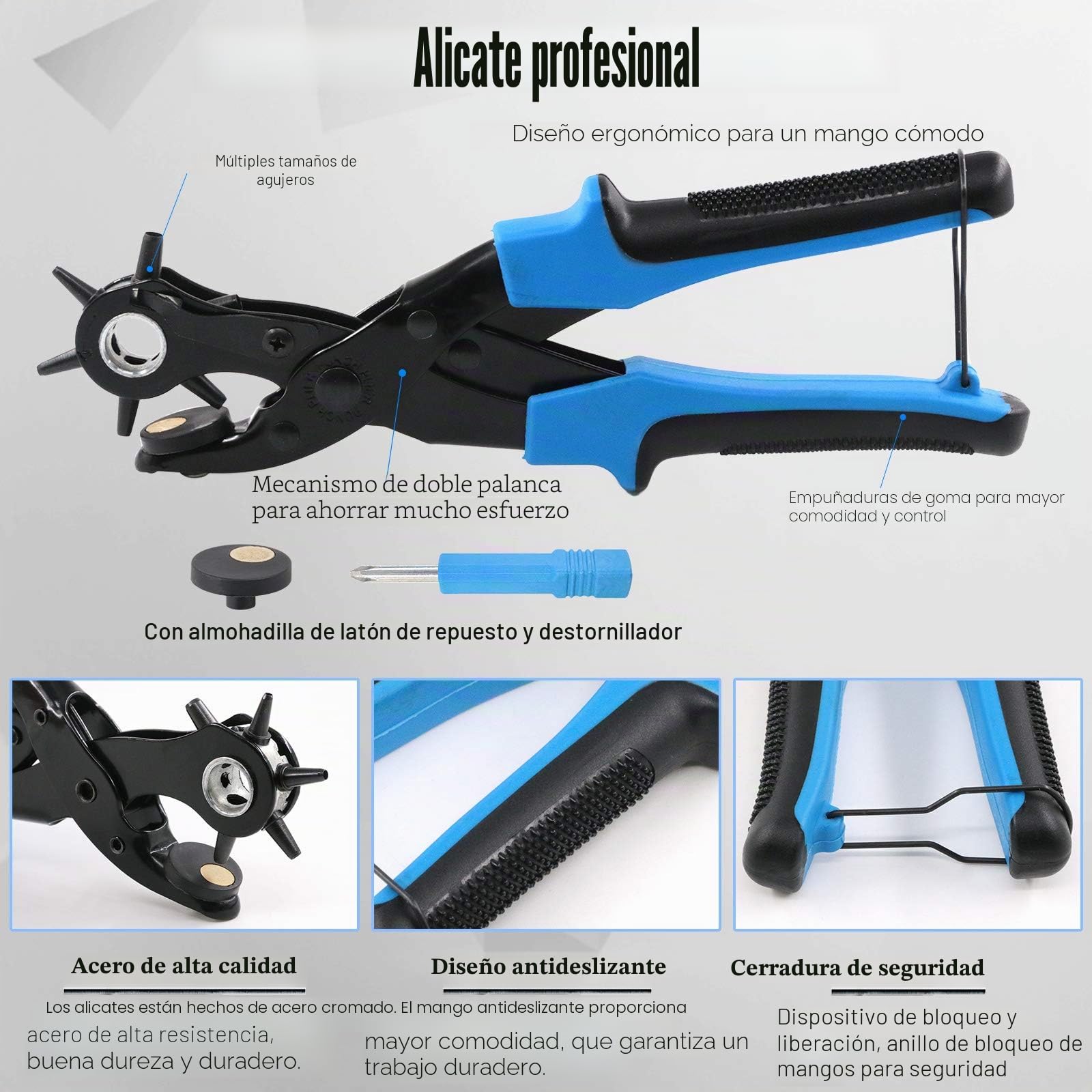 Glarks - Kit con alicates ajustables para perforación delcuero, remaches, tijeras, regla, destornillador y punzón para cinturón, correas de reloj, sillín, zapatos
