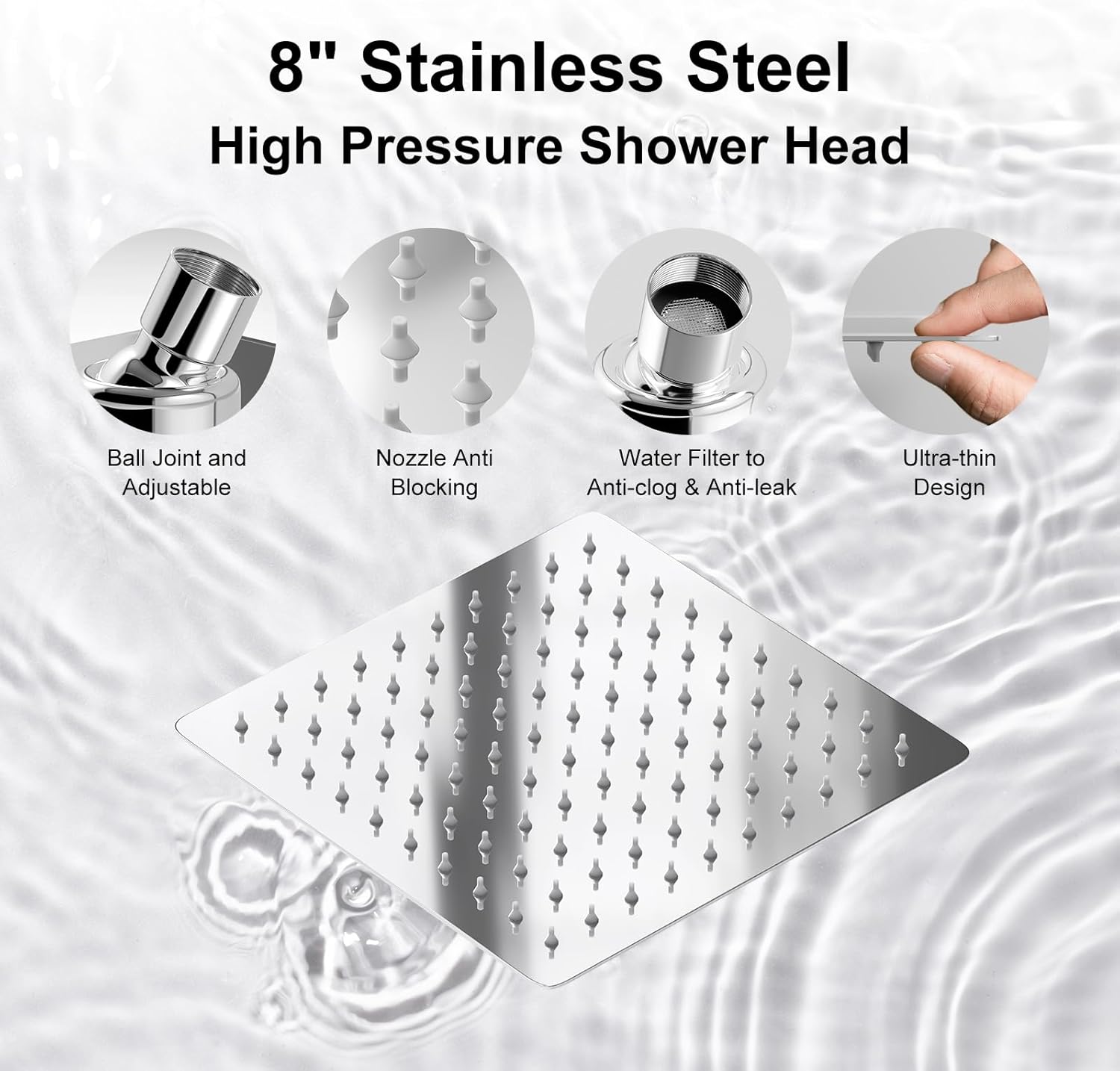 Shower Head, 8'' Rainfall Shower Heads with Multifunction Handheld Spray Combo, High Pressure Rain Showerhead with All Metal 3 Way Diverter 11'' Adjustable Extension Arm Bathroom Accessories, Chrome