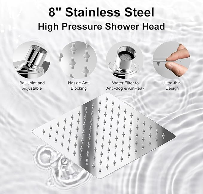 Combo de Cabezal de Ducha Lluvia 8" y Mano Ducha Multifunción, Cromo miniatura 3