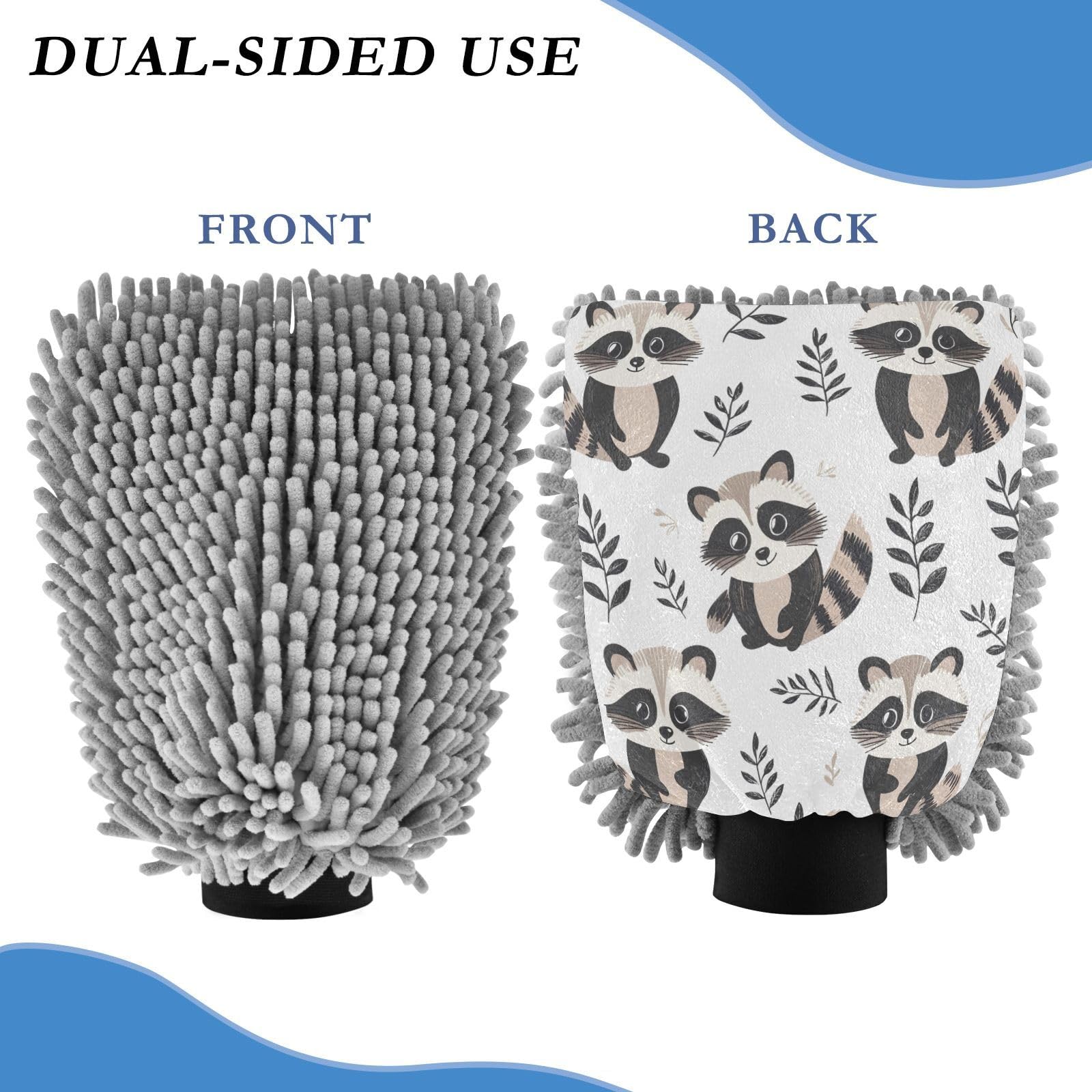 STAYTOP Cute Cartoon Raccoon Car Wash Mitt Microfiber, 2Pcs Scratch Free Lint-Free, Premium Chenille Microfiber Mitt Car Wash Brush-L