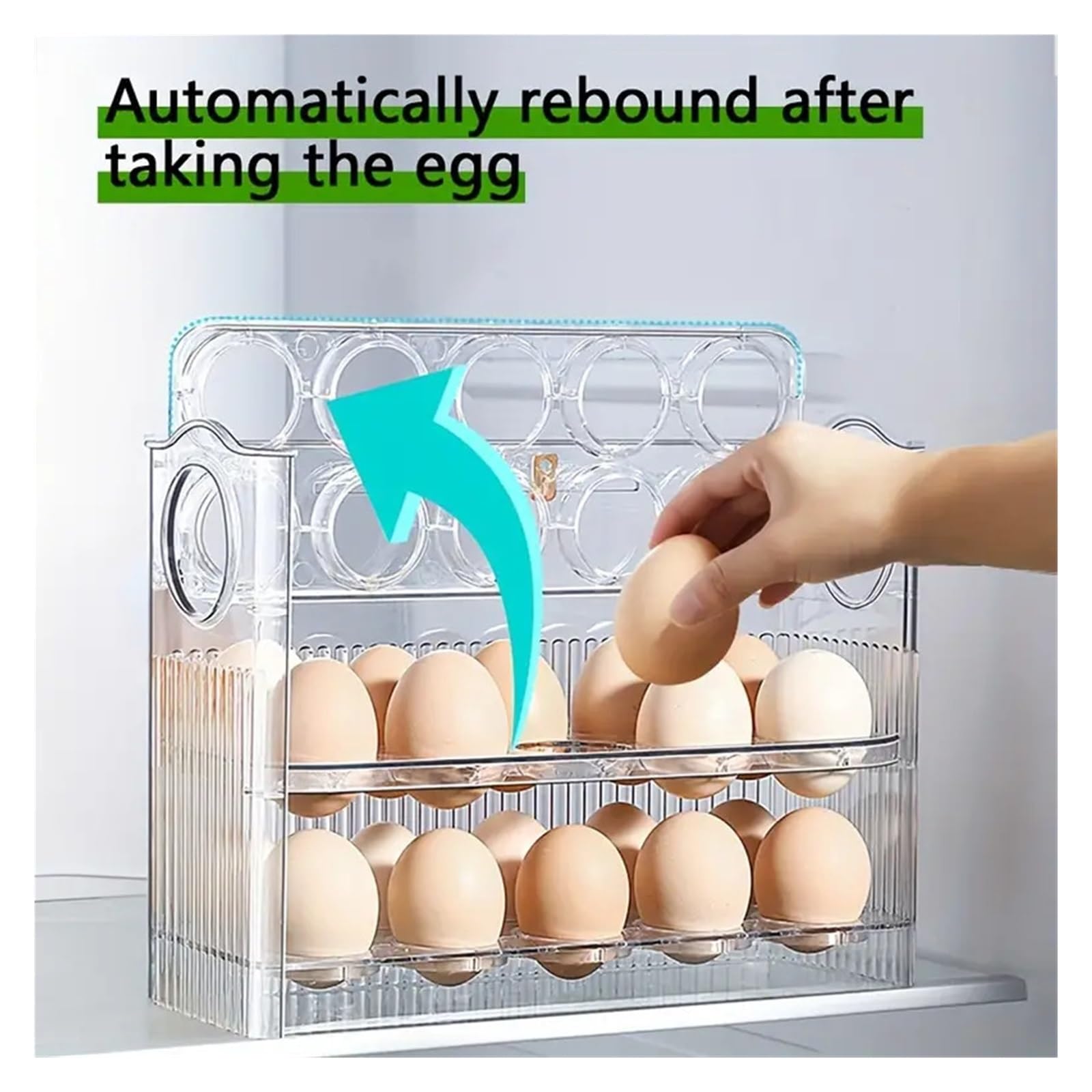 Hueverera que ahorra espacio con diseño de apertura automática, organizador de huevos para puerta de refrigerador y cocina (blanco)