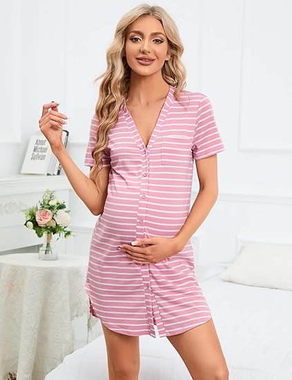 Clearlove Damen Nachthemd Kurzarm - Schlafshirt Mit Taschen V-Ausschnitt