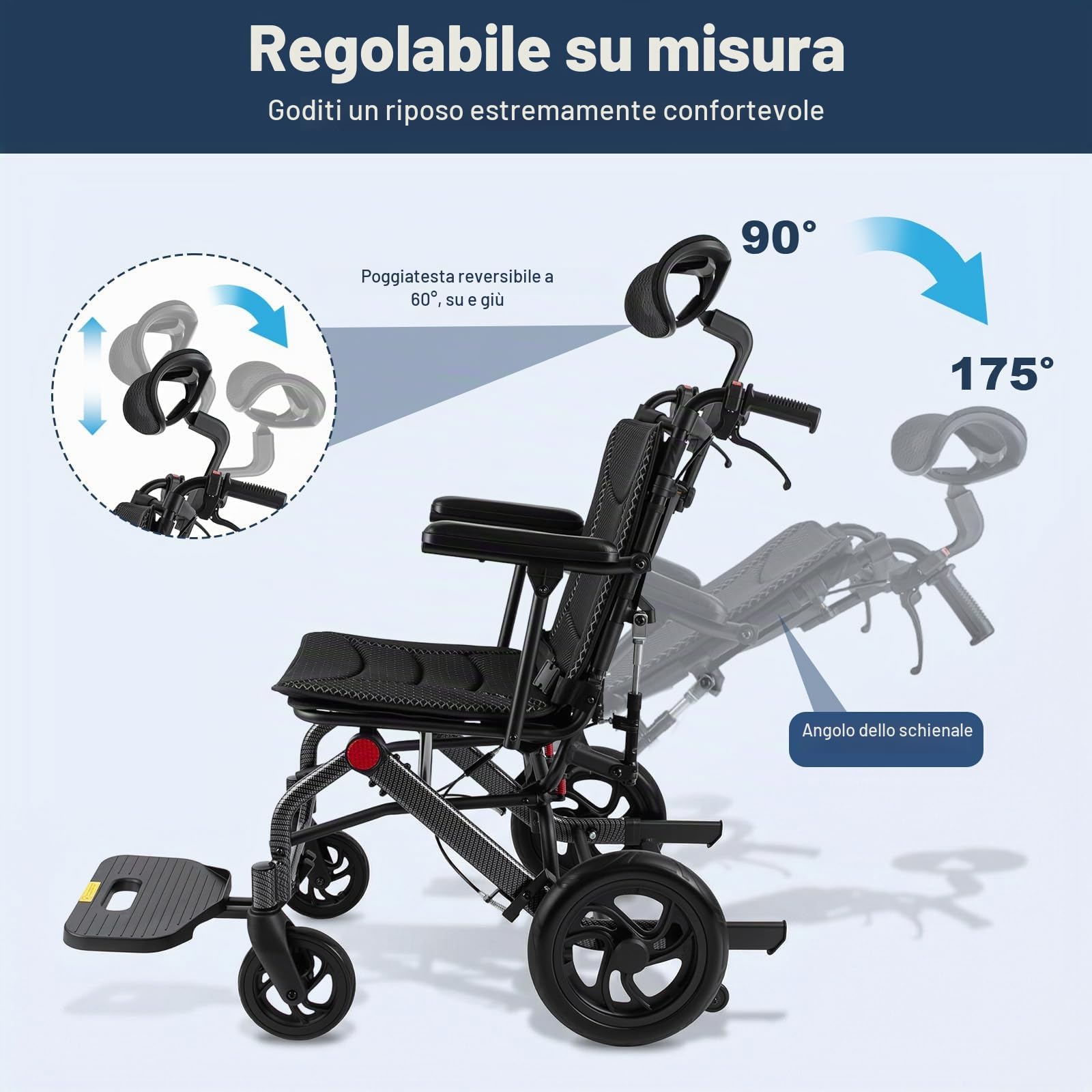 Sedia a rotelle pieghevole in alluminio, portata 130 kg, schienale regolabile da 90 ° a 175°, poggiatesta, braccioli a 360° per anziani