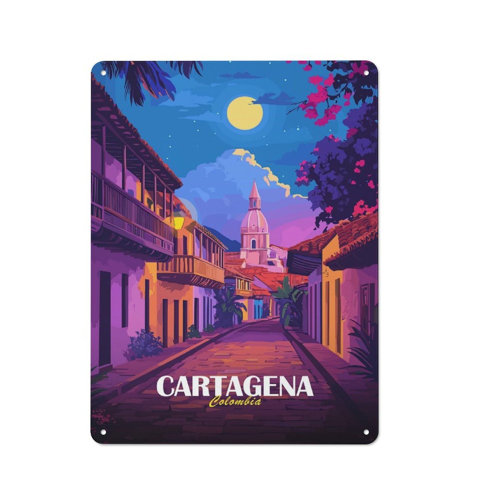 Junmoney Style-23 Cartagena Colombia Street View Illustration Country Metal Wall Decor 40X30cm, Decorative Tin Sign For Farmhouse Kitchen, Pantry Or Dining Area