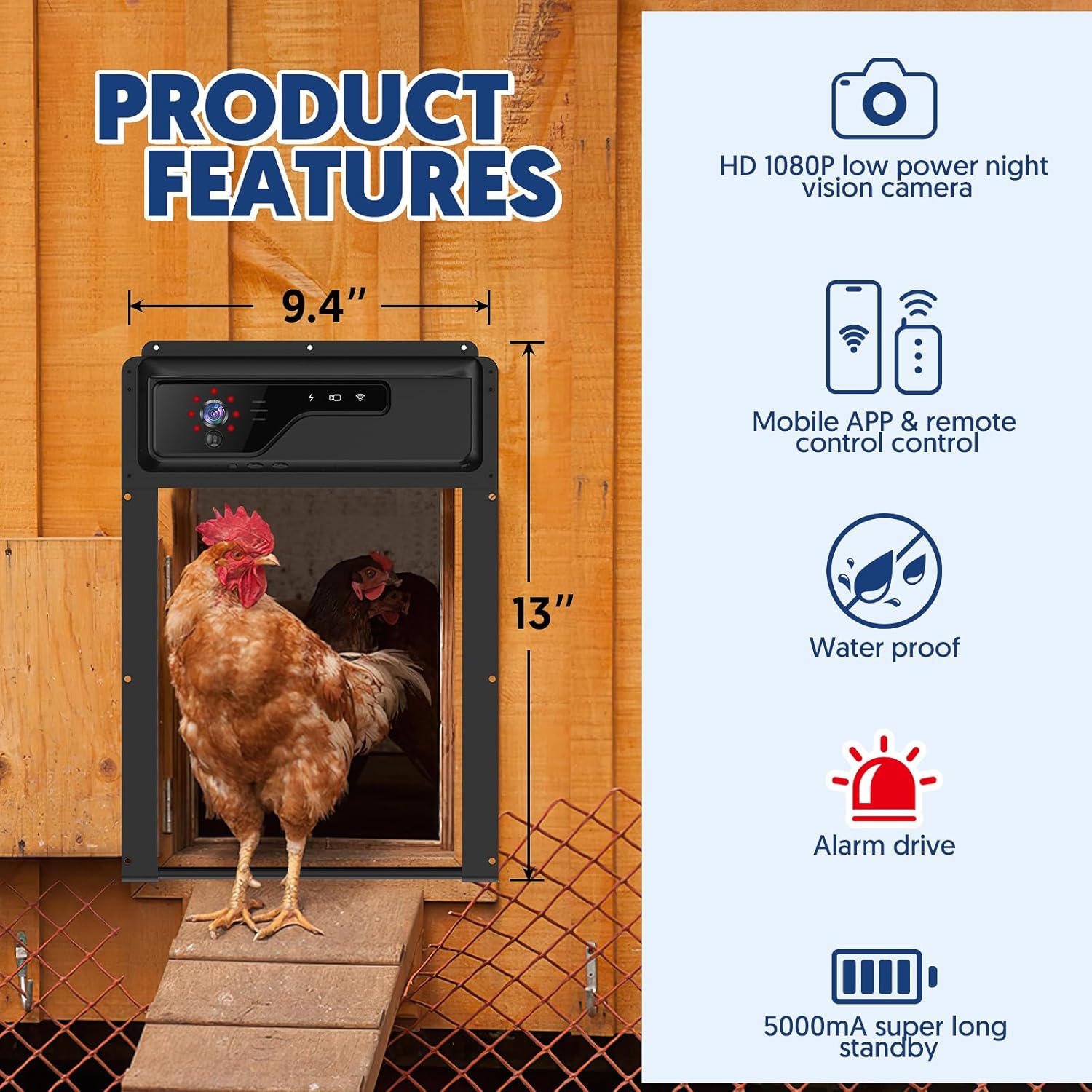 Automatic Chicken Coop Door with WiFi HD1080P Camera,Auto Solar Chicken Coop Door Opener with Timer,APP Remote Control,5000mA Battery,Night Vision,Alarm Drive for Poultry Safety